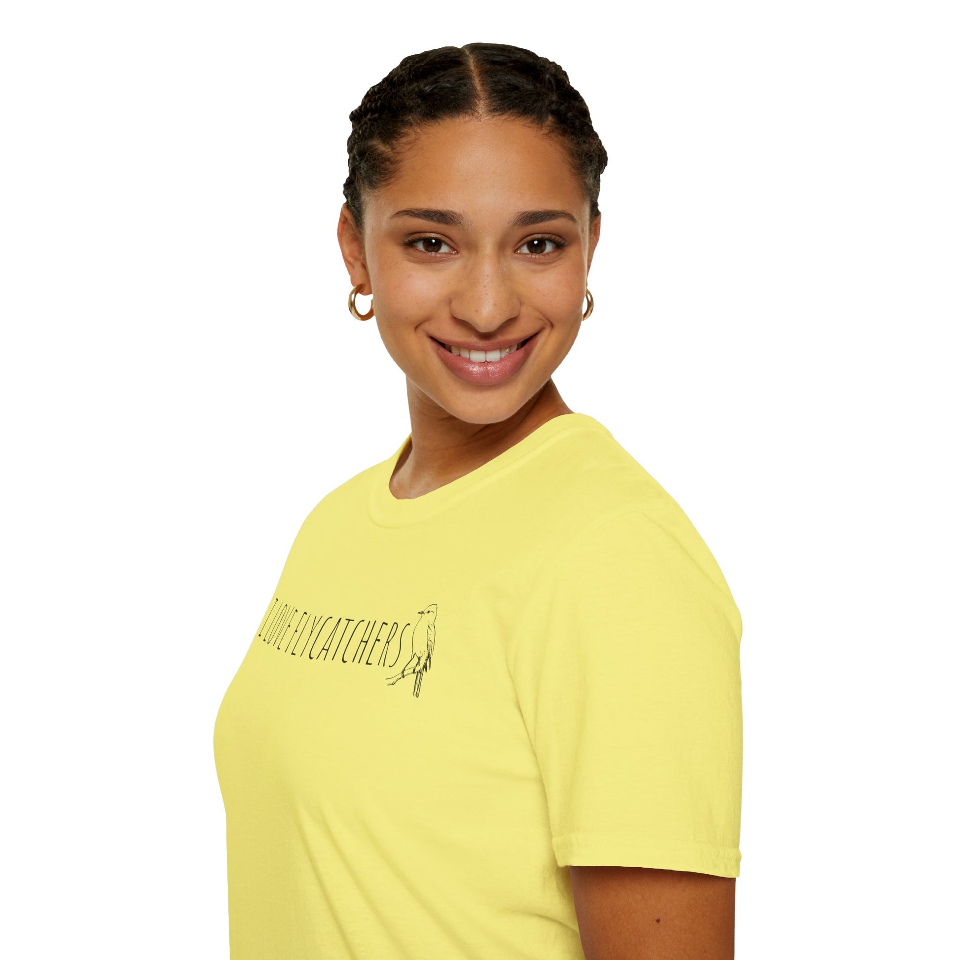 Woman wearing a cornsilk color t-shirt with text on a white background