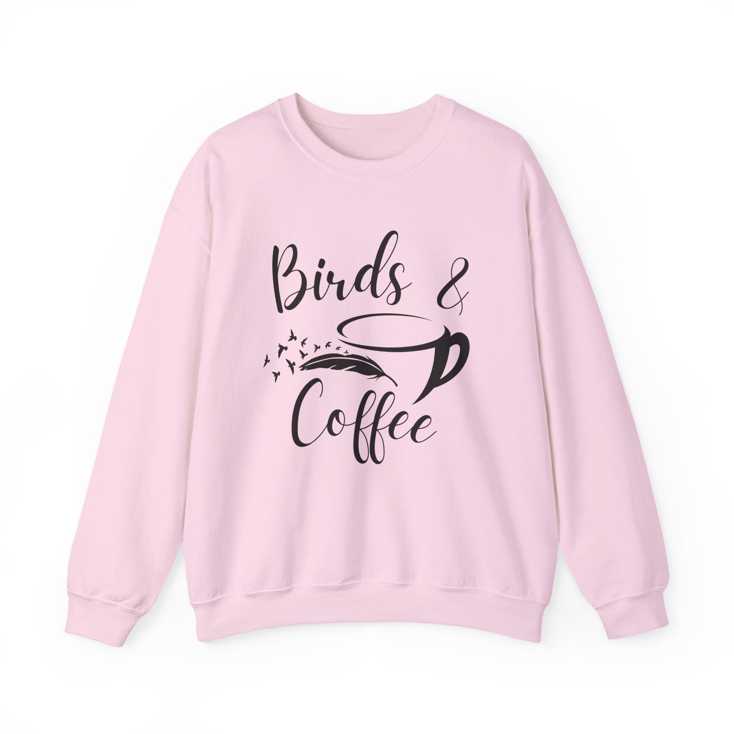 Pink sweatshirt with 'Birds & Coffee' text on a white background