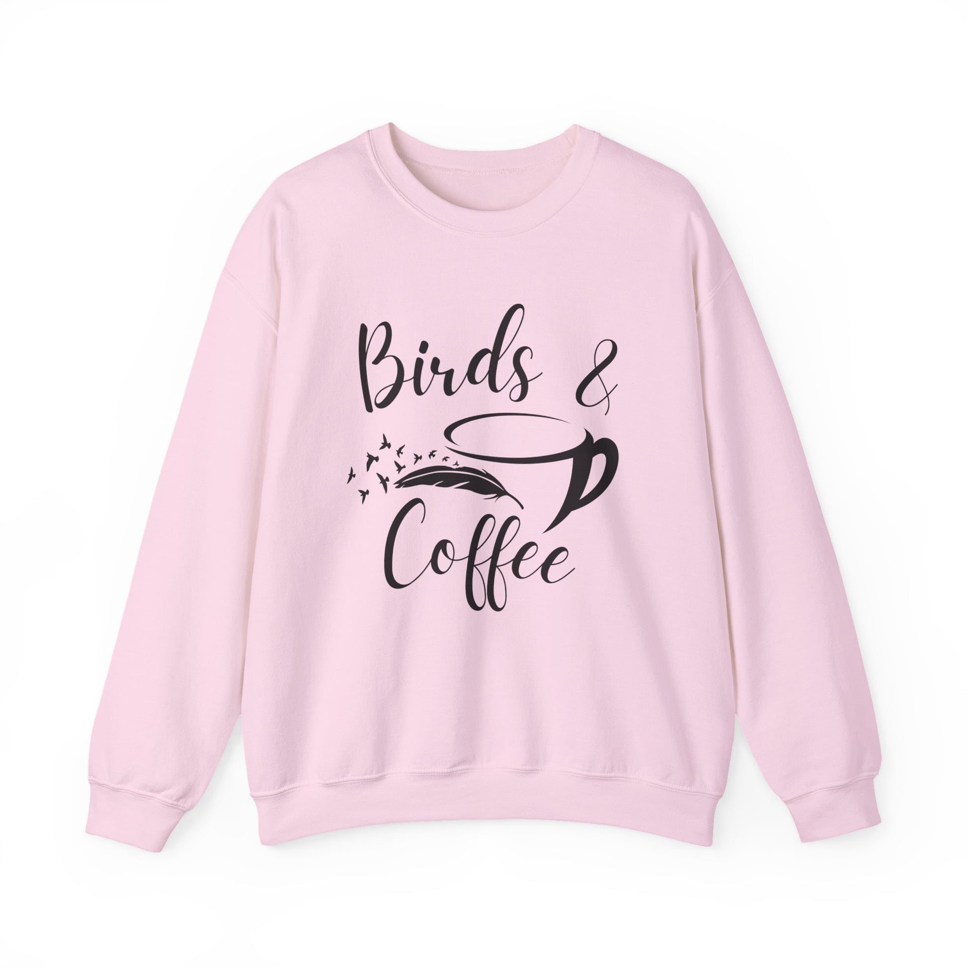 Pink sweatshirt with 'Birds & Coffee' text on a white background