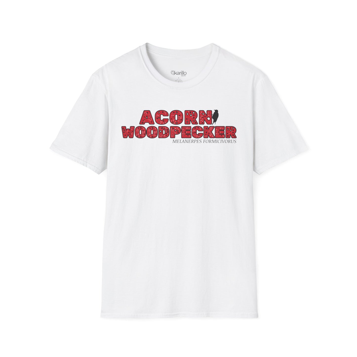 White t-shirt with "acorn woodpecker bird" text on a white background