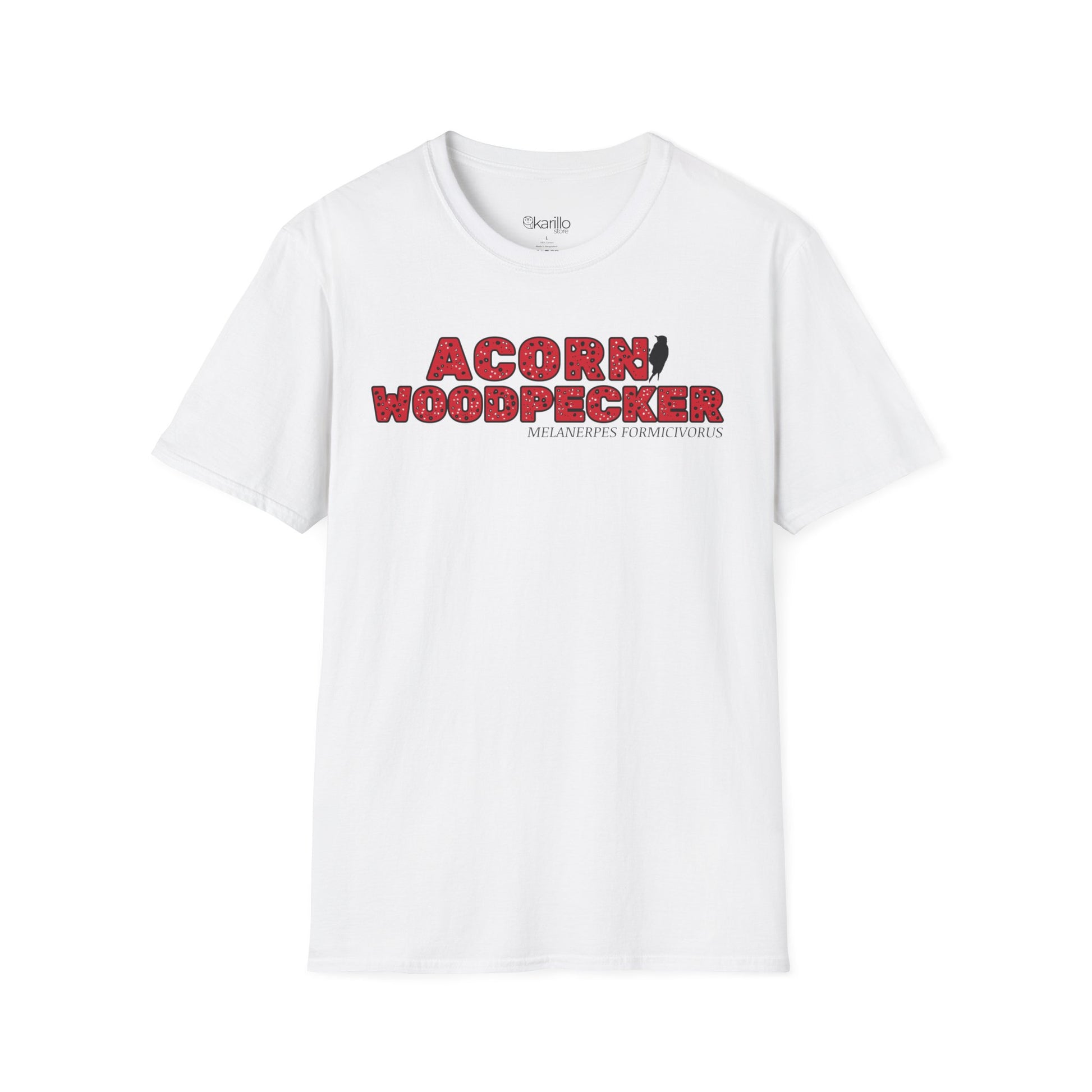 White t-shirt with "acorn woodpecker bird" text on a white background