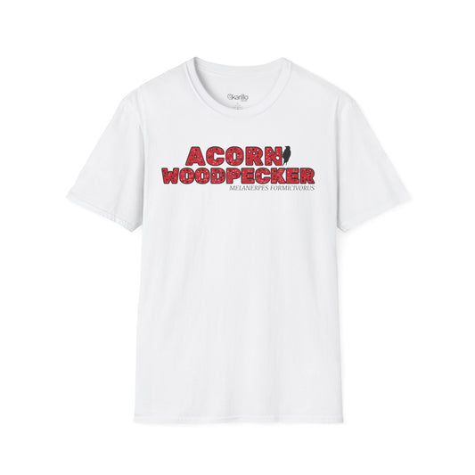 White t-shirt with "acorn woodpecker bird" text on a white background