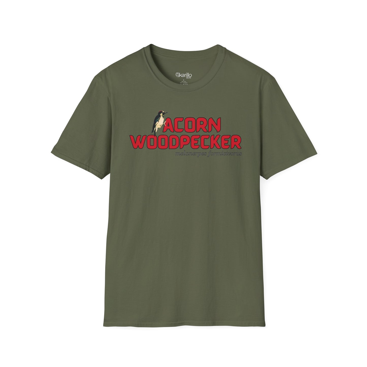 Front view of miltary green t-shirt with 'acorn woodpecker' text on a white background