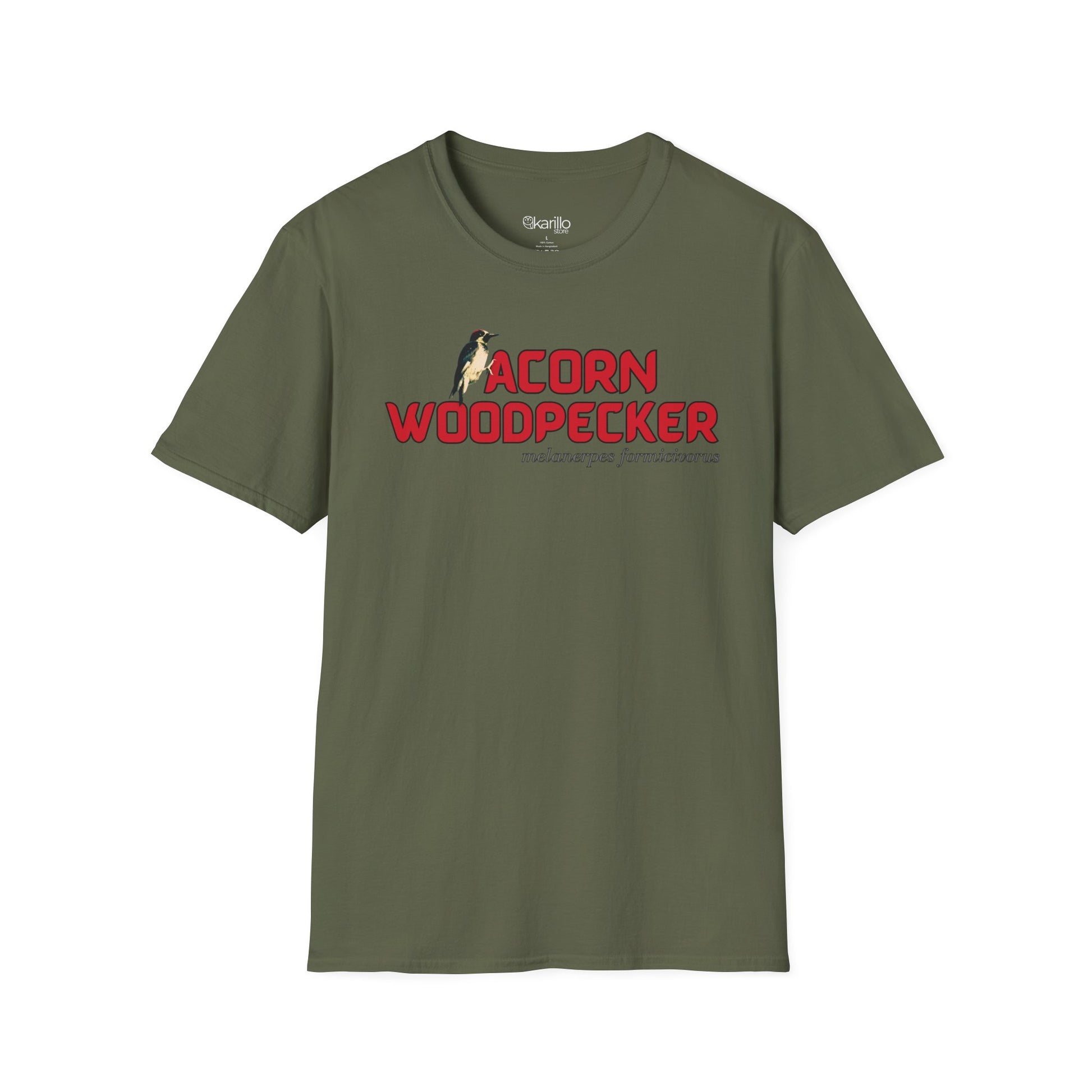 Front view of miltary green t-shirt with 'acorn woodpecker' text on a white background