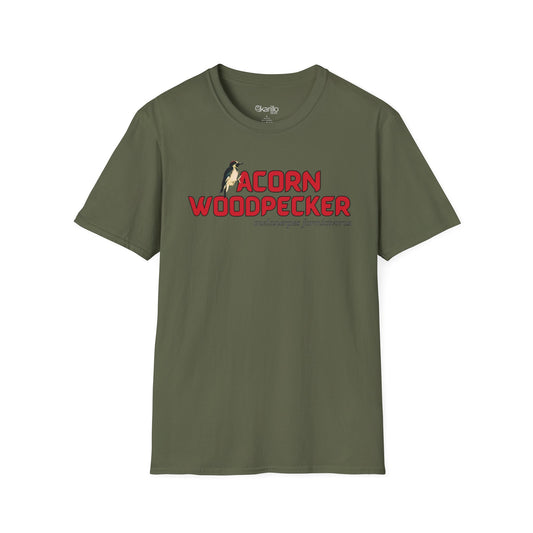 Front view of miltary green t-shirt with 'acorn woodpecker' text on a white background