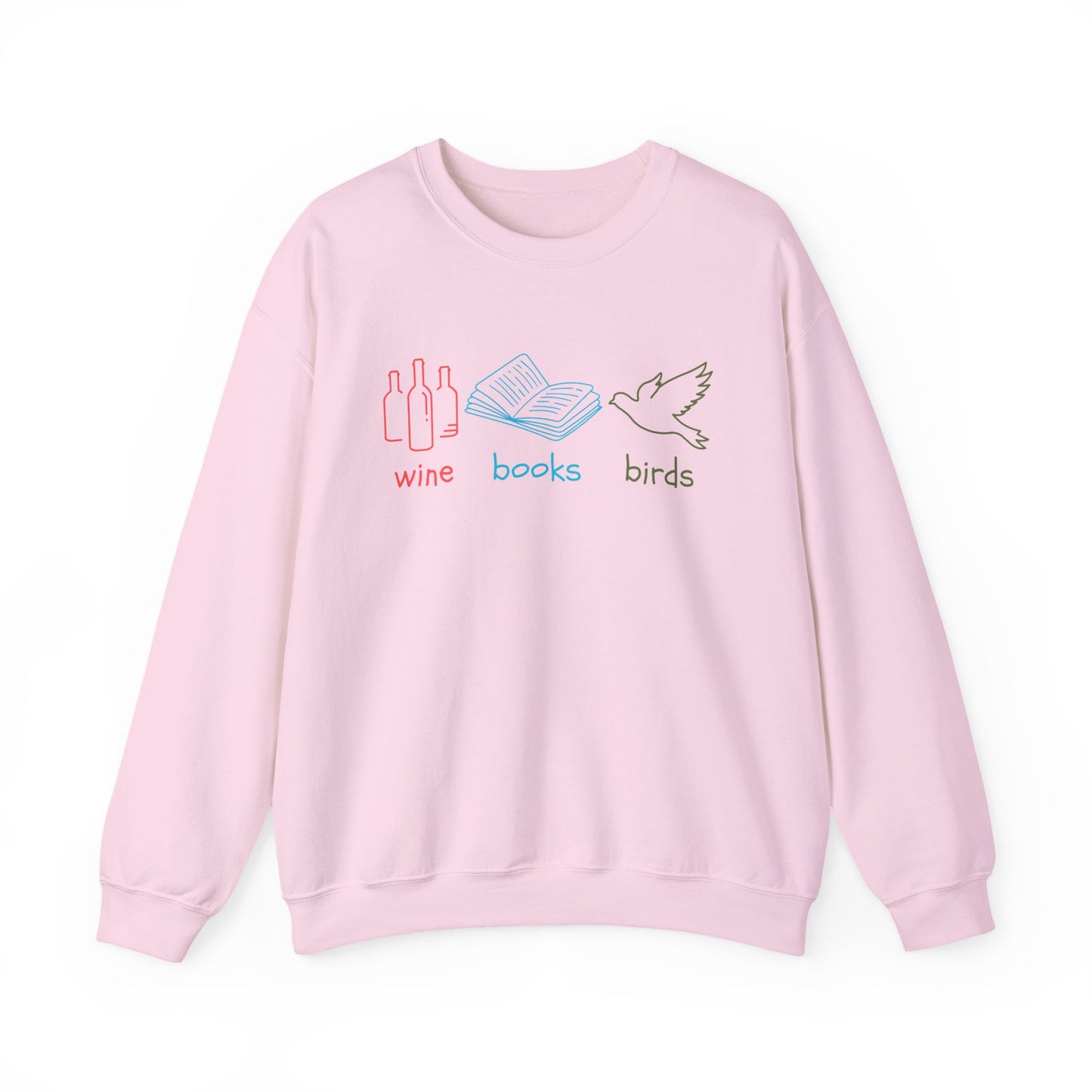 Pink sweatshirt with 'wine', 'books', and 'birds' graphics on a white background