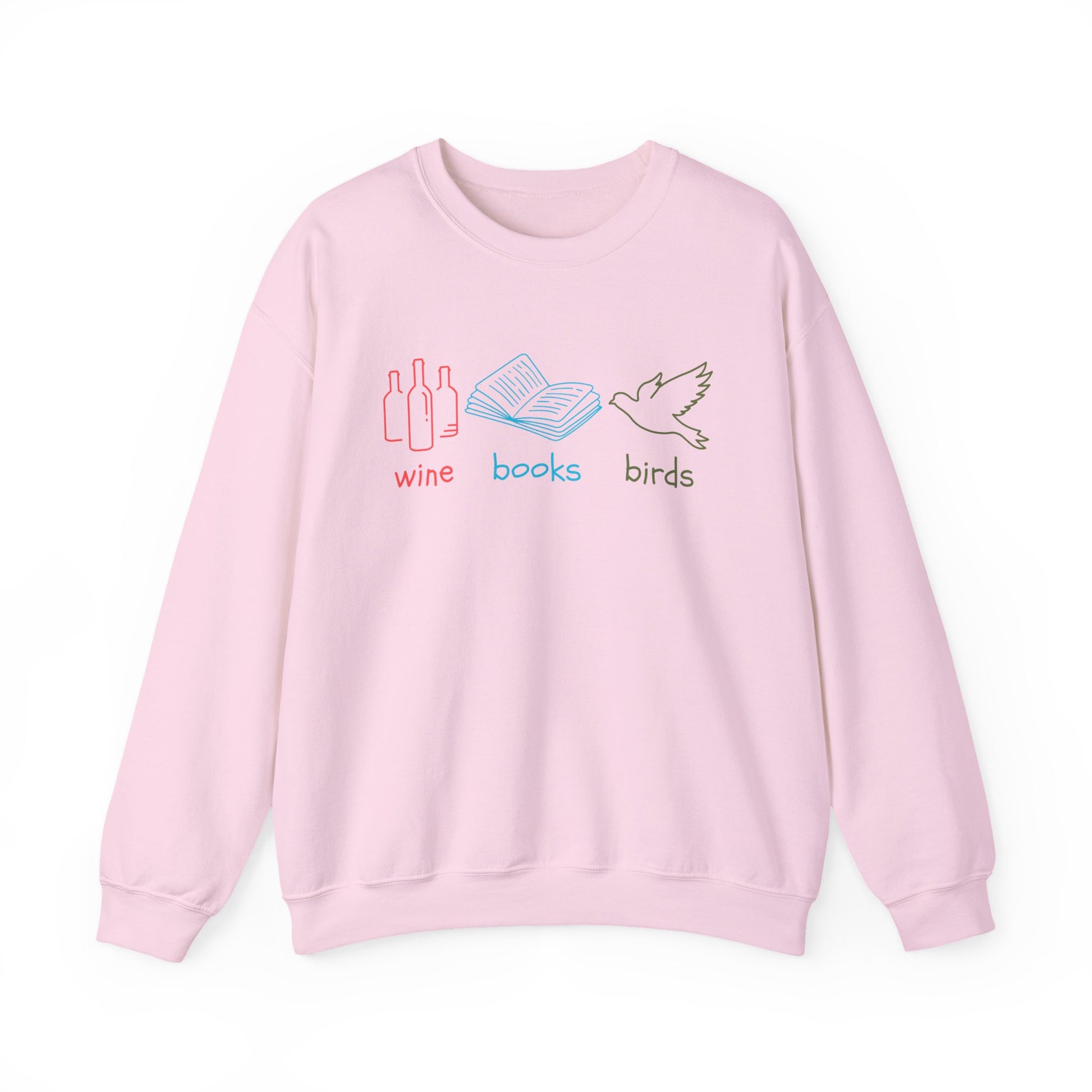 Pink sweatshirt with 'wine', 'books', and 'birds' graphics on a white background