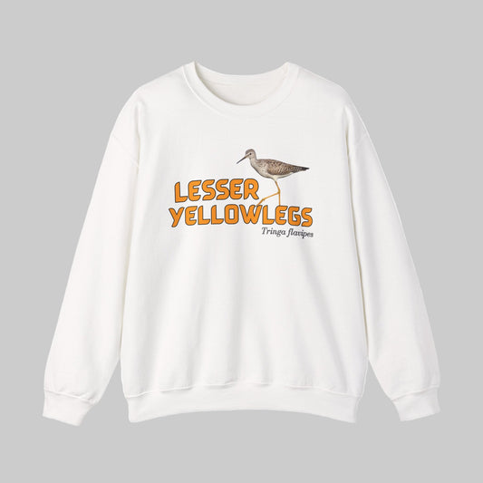 White sweatshirt with 'LESSER YELLOWLEGS' text and bird illustration on a gray background
