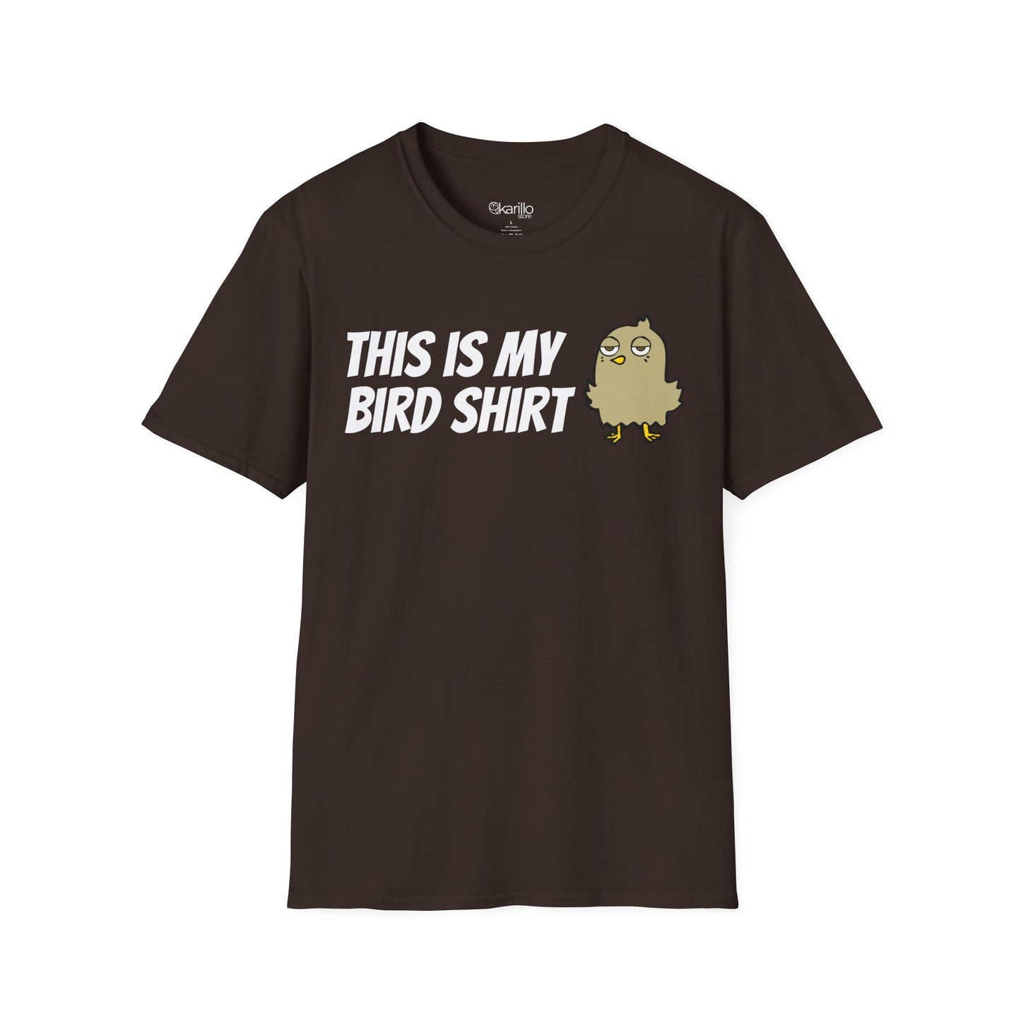 Brown t-shirt with "this is my bird shirt" with a graphic cartoon bird on a  white background.