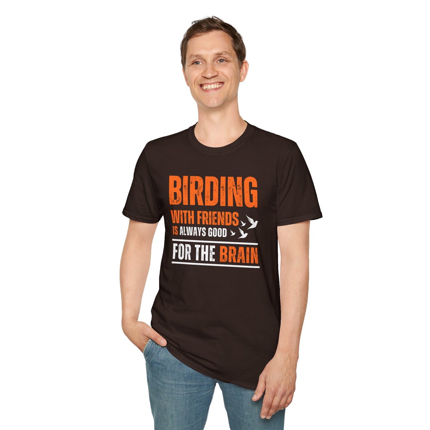 Man wearing Birding With Friends T-shirt – Birdwatching Quote brown color