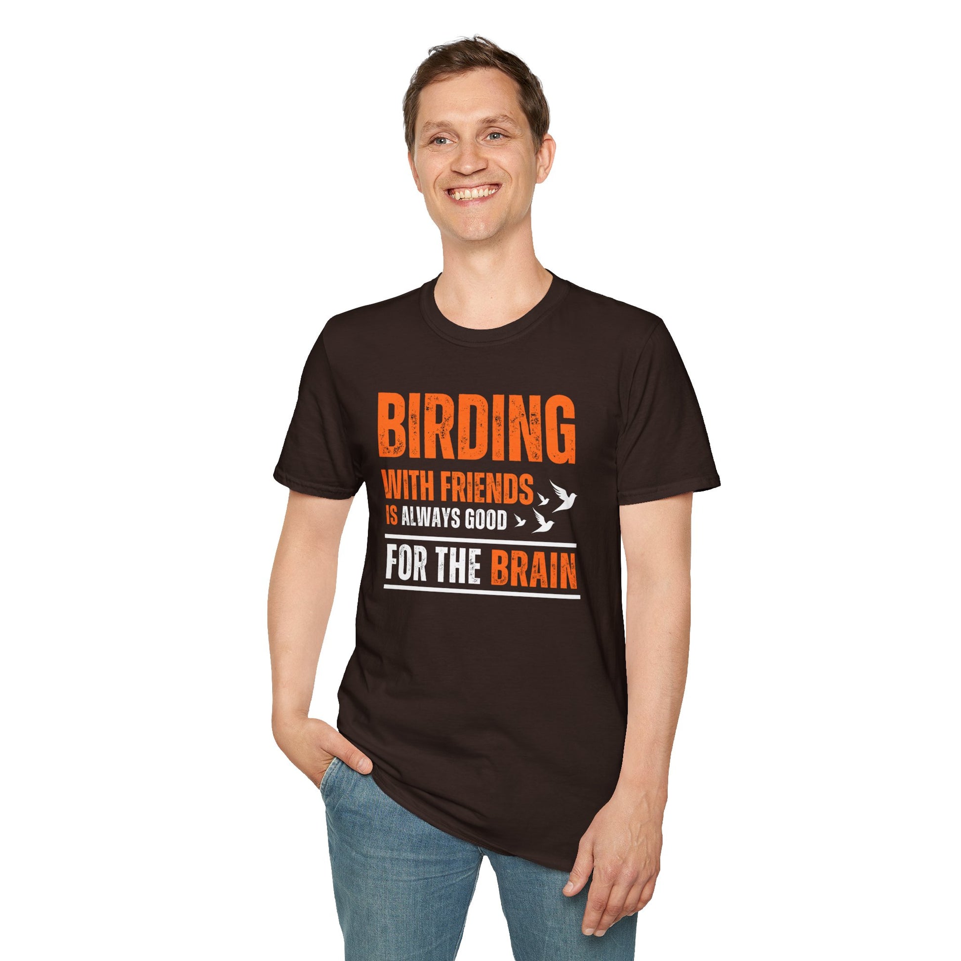 Man wearing Birding With Friends T-shirt – Birdwatching Quote brown color