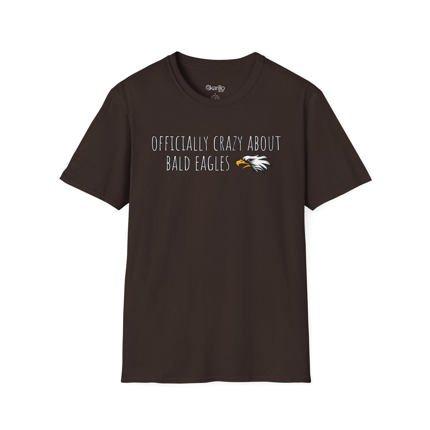 Front view brown t-shirt with text 'Officially crazy about bald eagles' on a white background