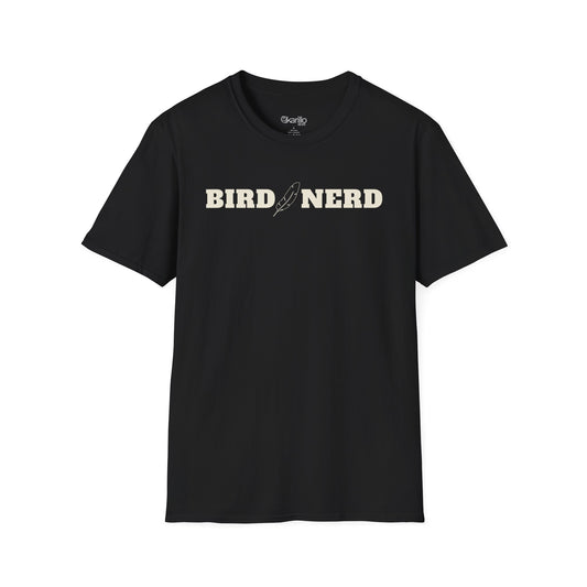 Black t-shirt with 'BIRD NERD' printed in the chest, featuring a small feather graphic. 
