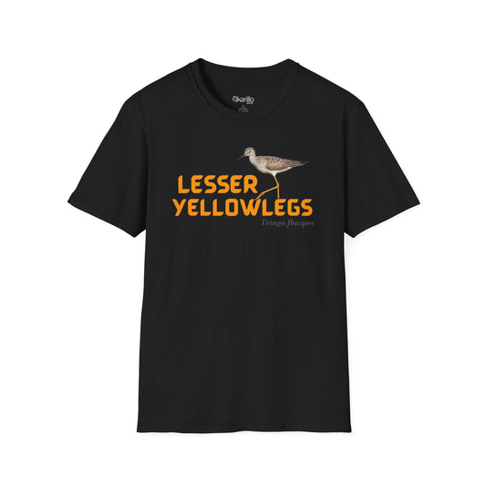 Front view black t-shirt with 'lesser yellowlegs' text and bird image on a white background