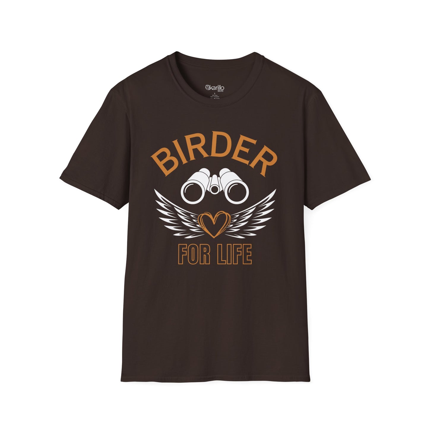 Front view of Birder for Life T-shirt brown color, gift for bird lovers