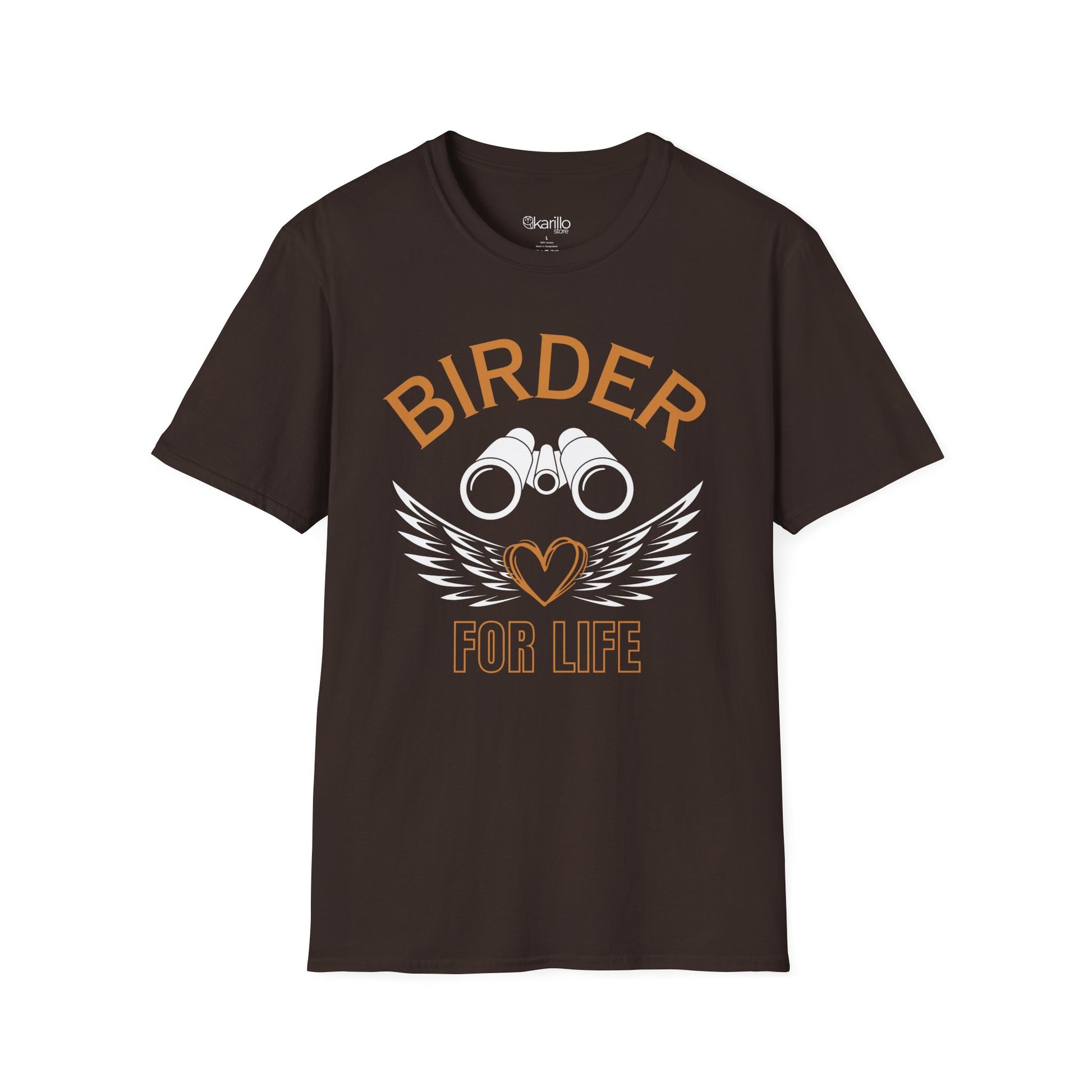 Front view of Birder for Life T-shirt brown color, gift for bird lovers