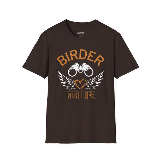 Front view of Birder for Life T-shirt brown color, gift for bird lovers
