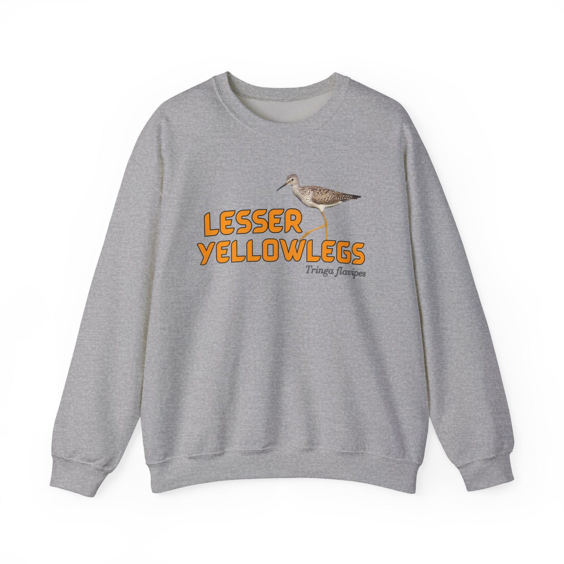 Gray sweatshirt with 'Lesser Yellowlegs' text and bird illustration on a white background