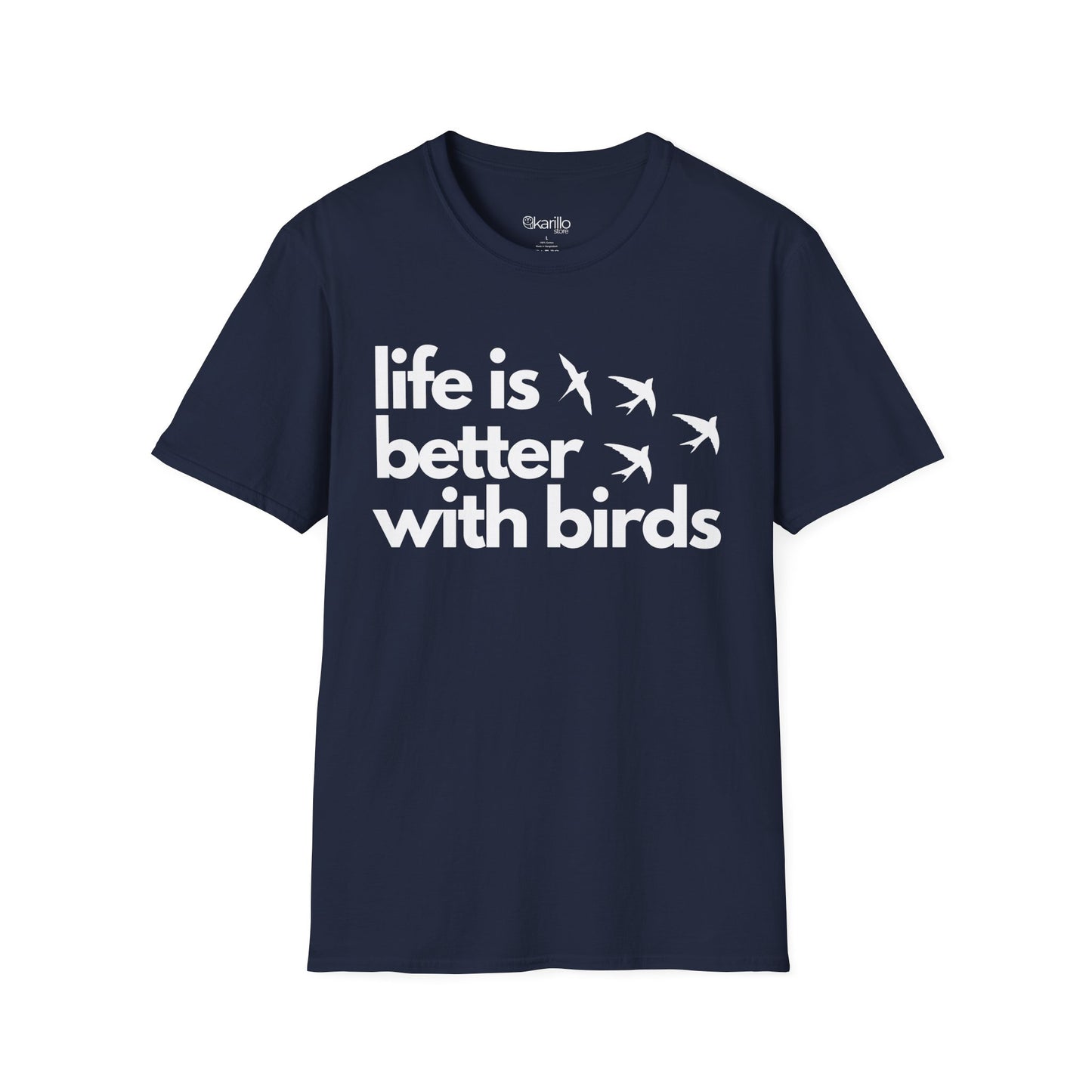 Navy blue t-shirt with 'life is better with birds' text  on a white background