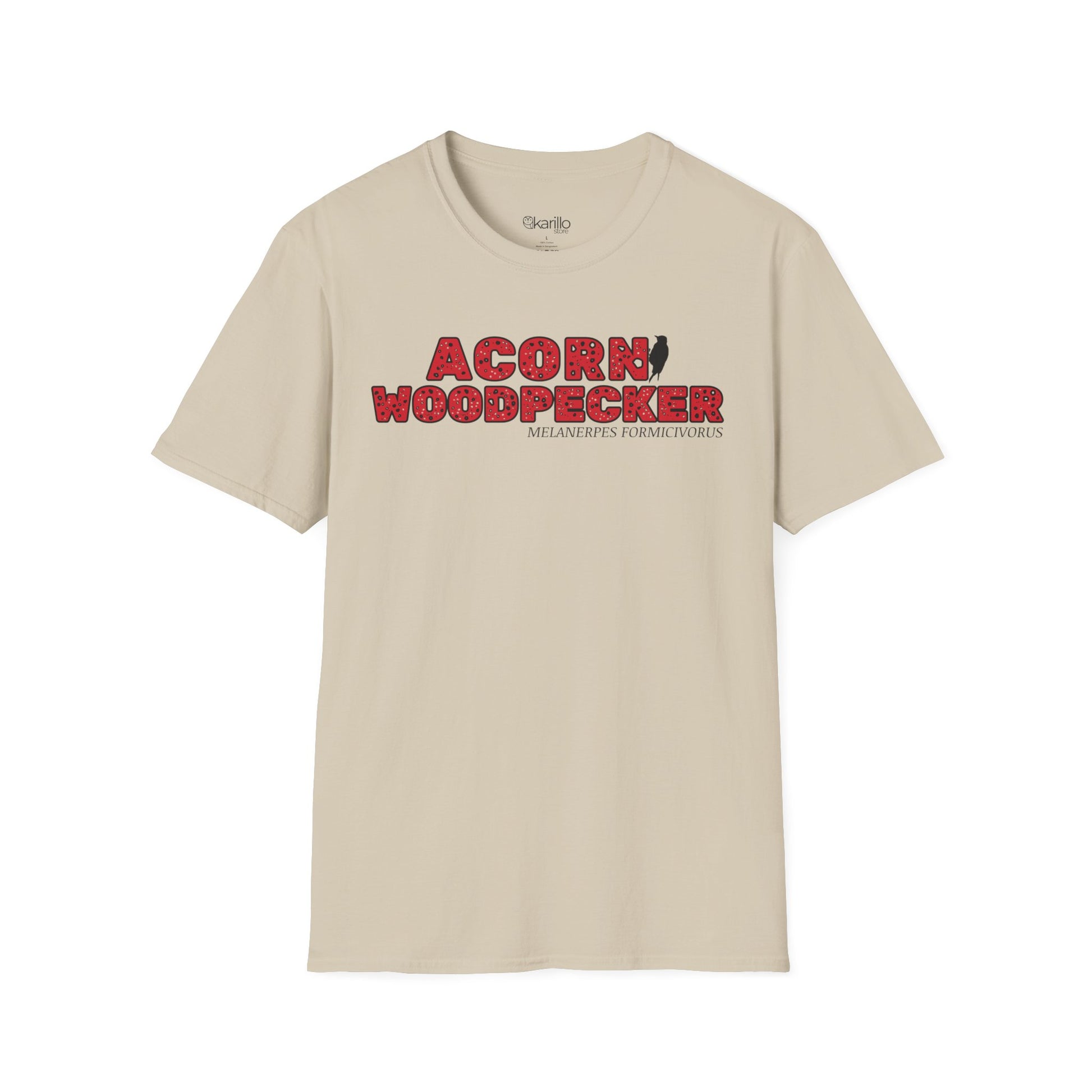 Beige t-shirt with "acorn woodpecker bird" text on a white background