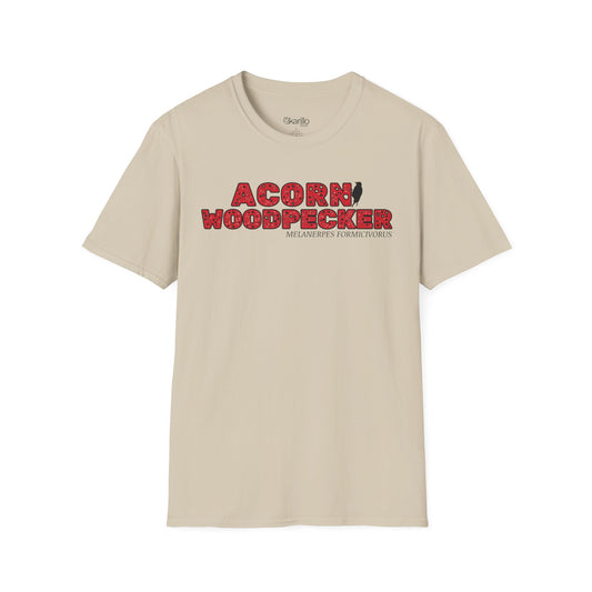 Beige t-shirt with "acorn woodpecker bird" text on a white background