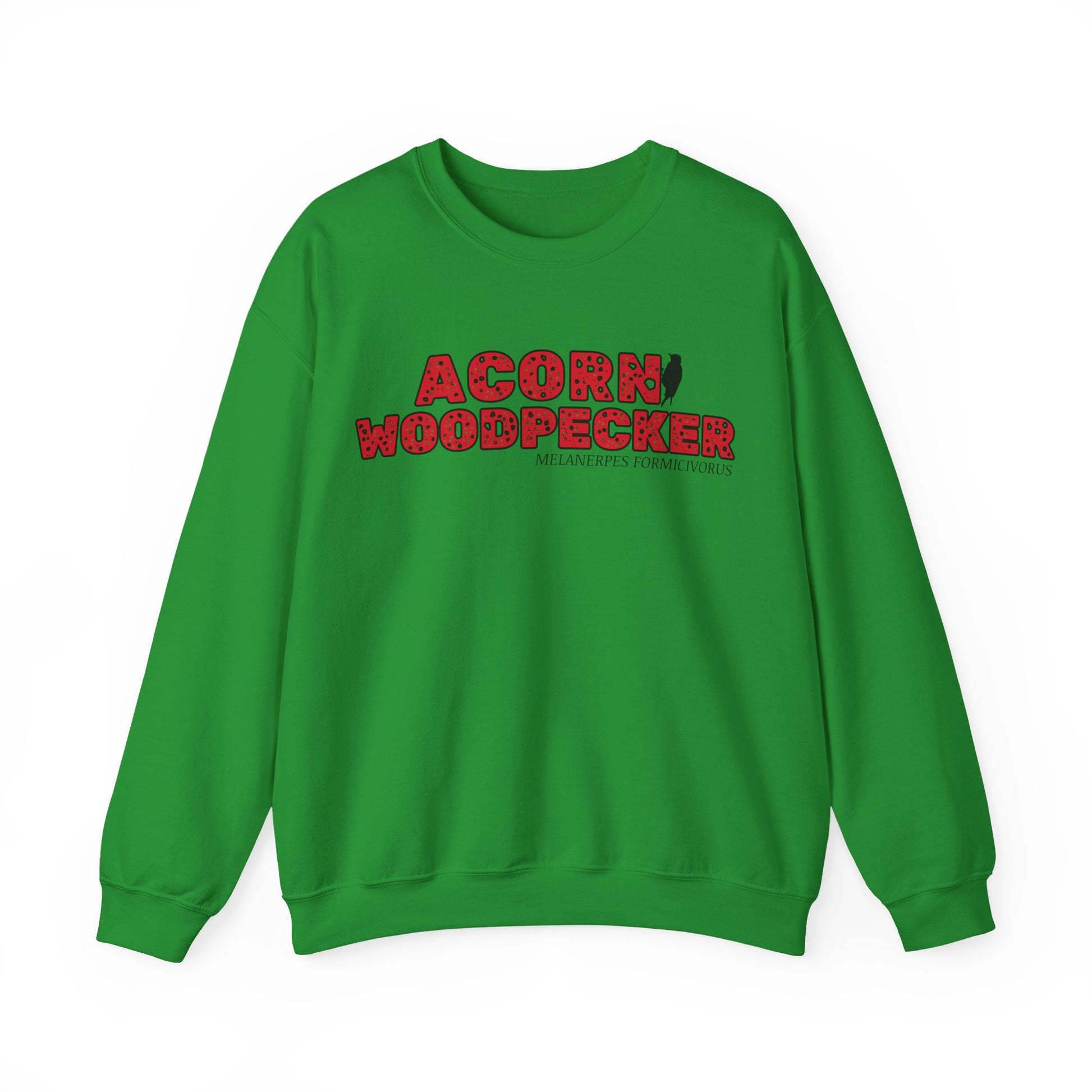 Green sweatshirt with 'Acorn Woodpecker' text and logo on a white background