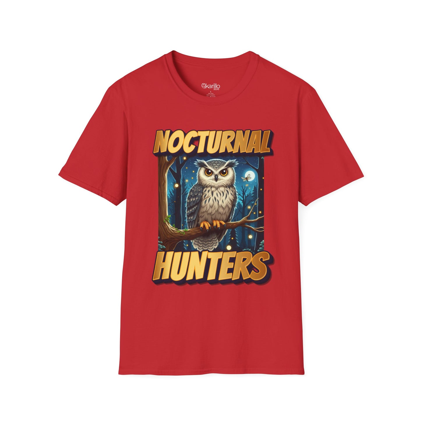Front view of red t-shirt with 'nocturnal hunters' text on a white background