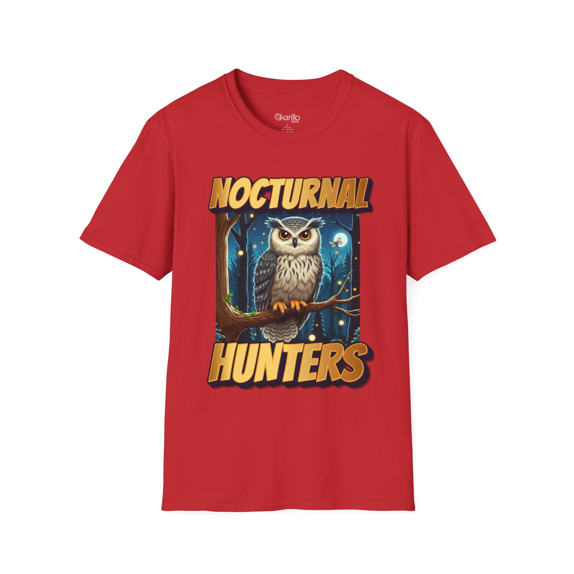 Front view of red t-shirt with 'nocturnal hunters' text on a white background