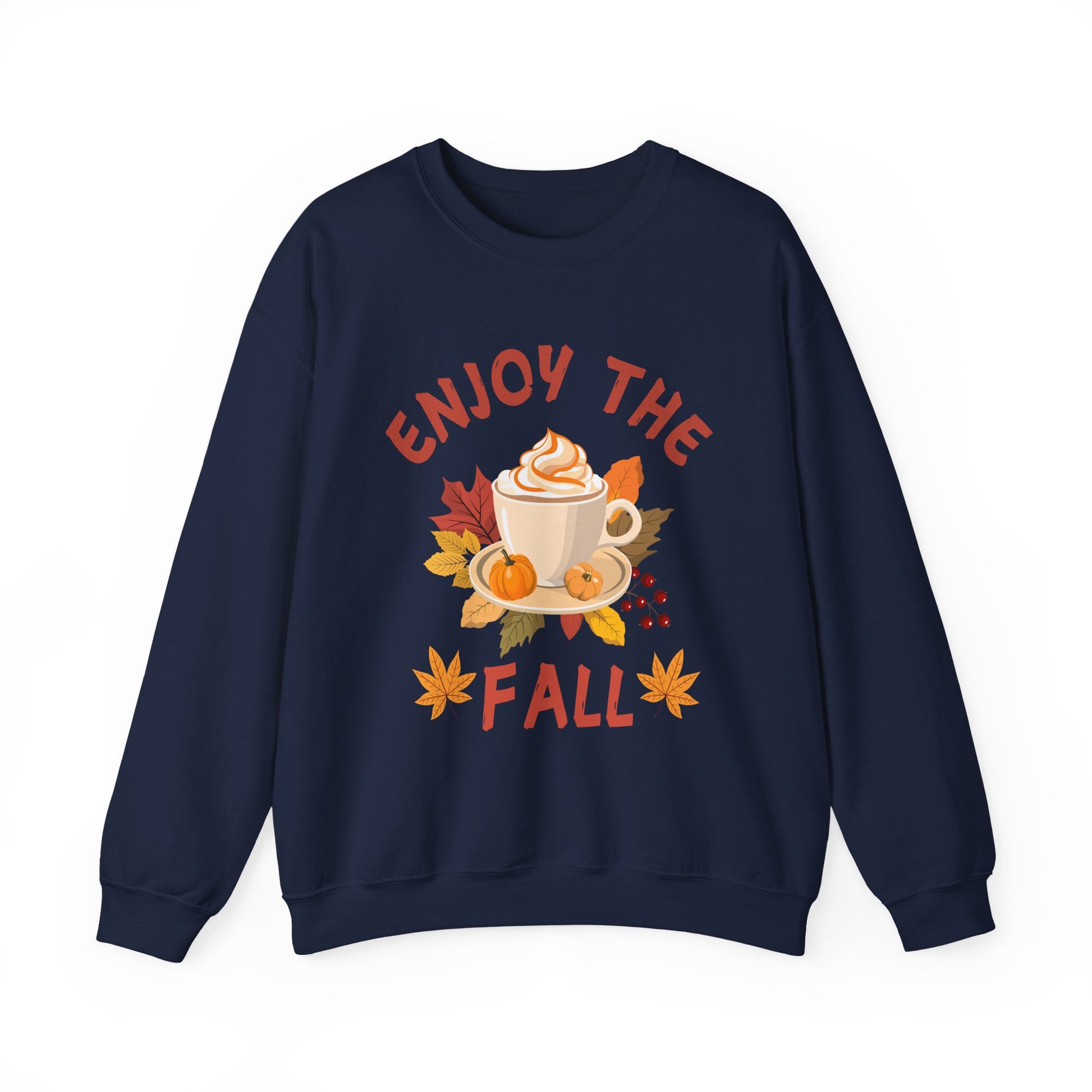Navy blue sweatshirt with 'Enjoy the Fall' text and autumn-themed graphics on a white background