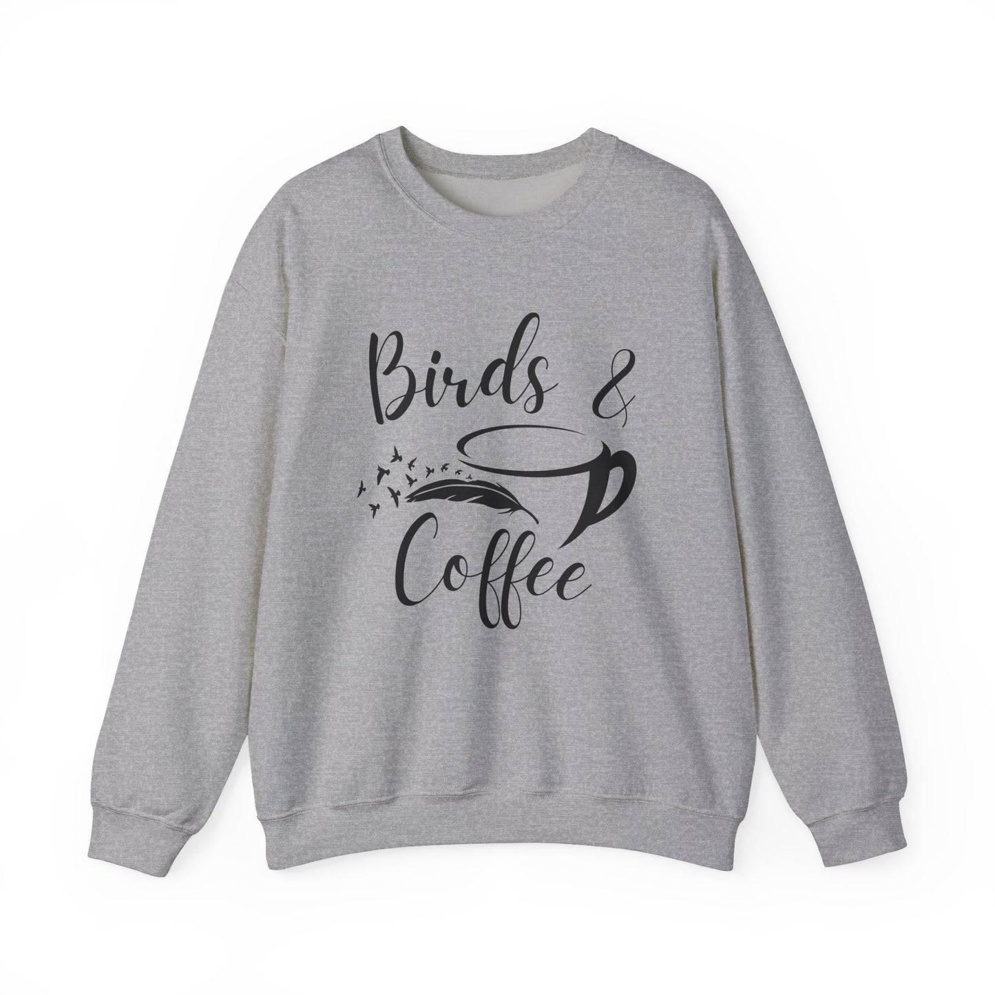 Light gray sweatshirt with 'Birds & Coffee' text on a white background
