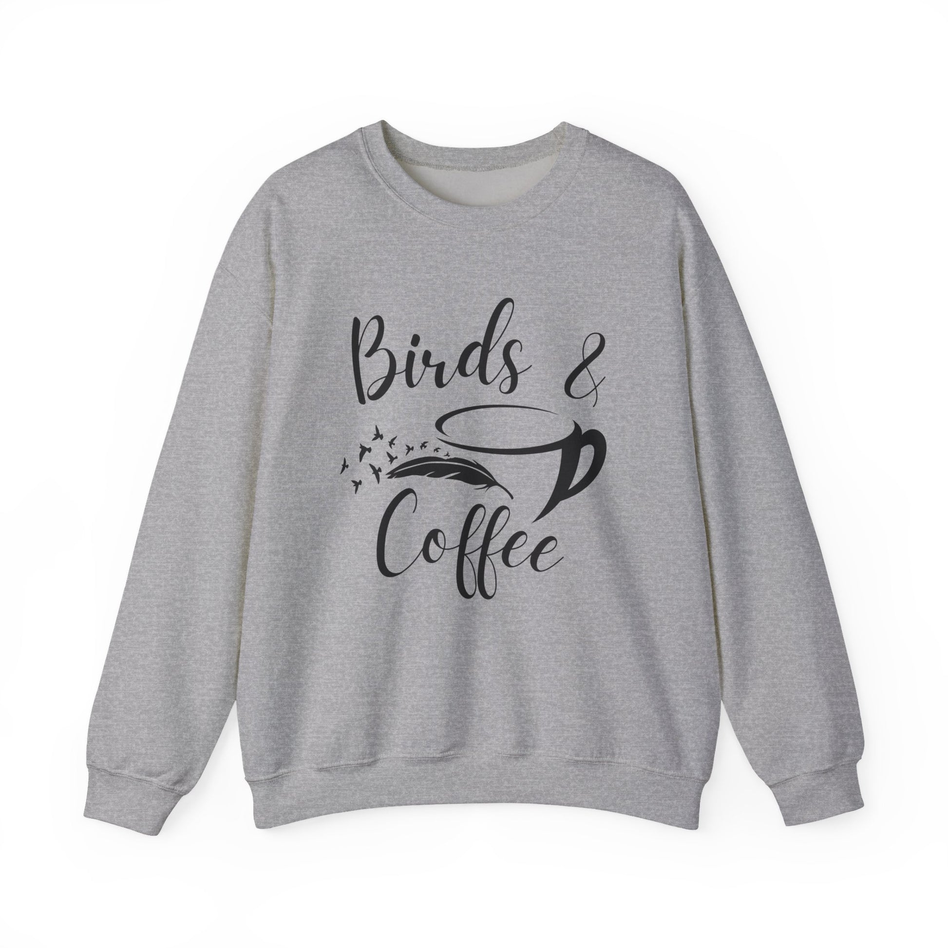 Light gray sweatshirt with 'Birds & Coffee' text on a white background
