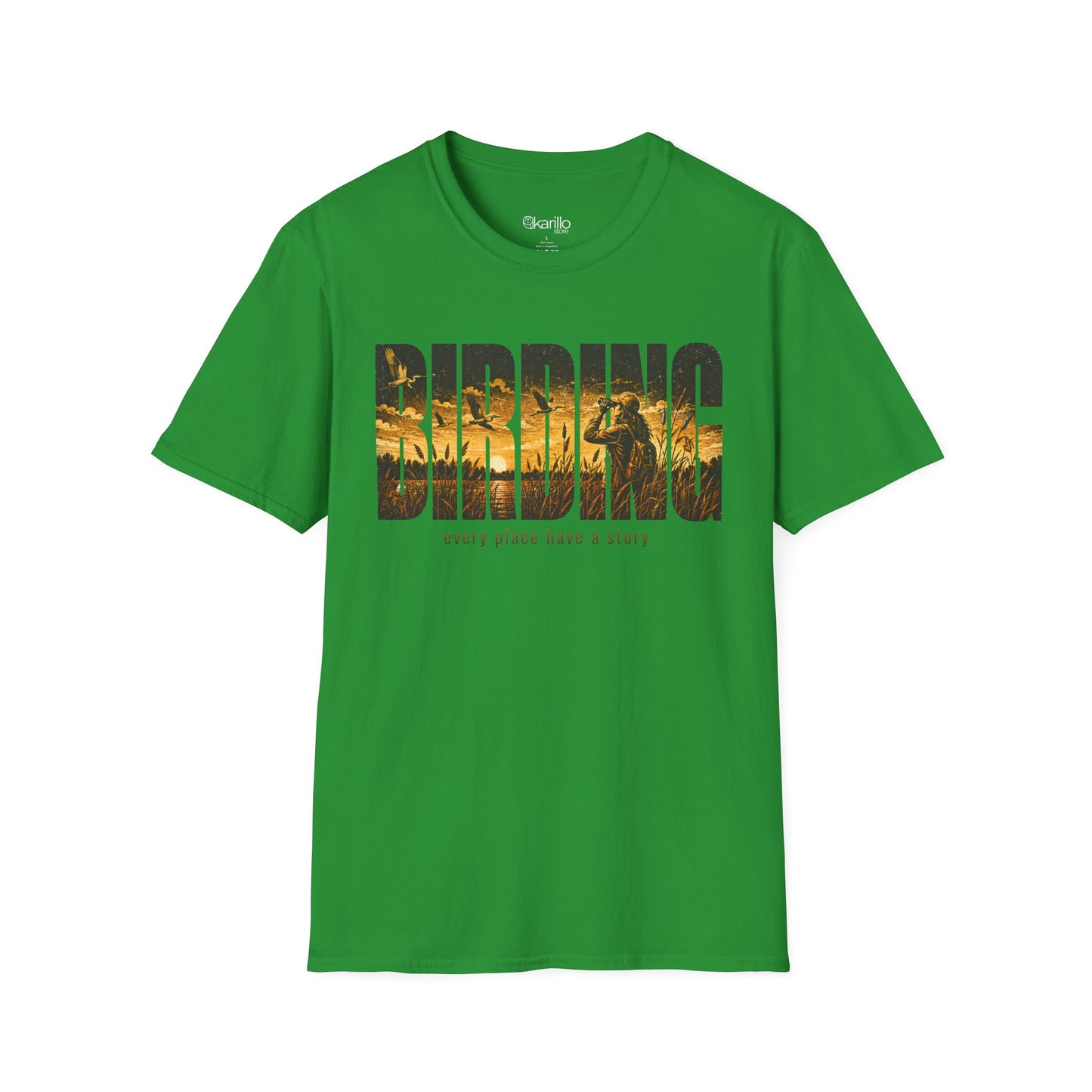 Green t-shirt with Birding text sunset scenic with white background