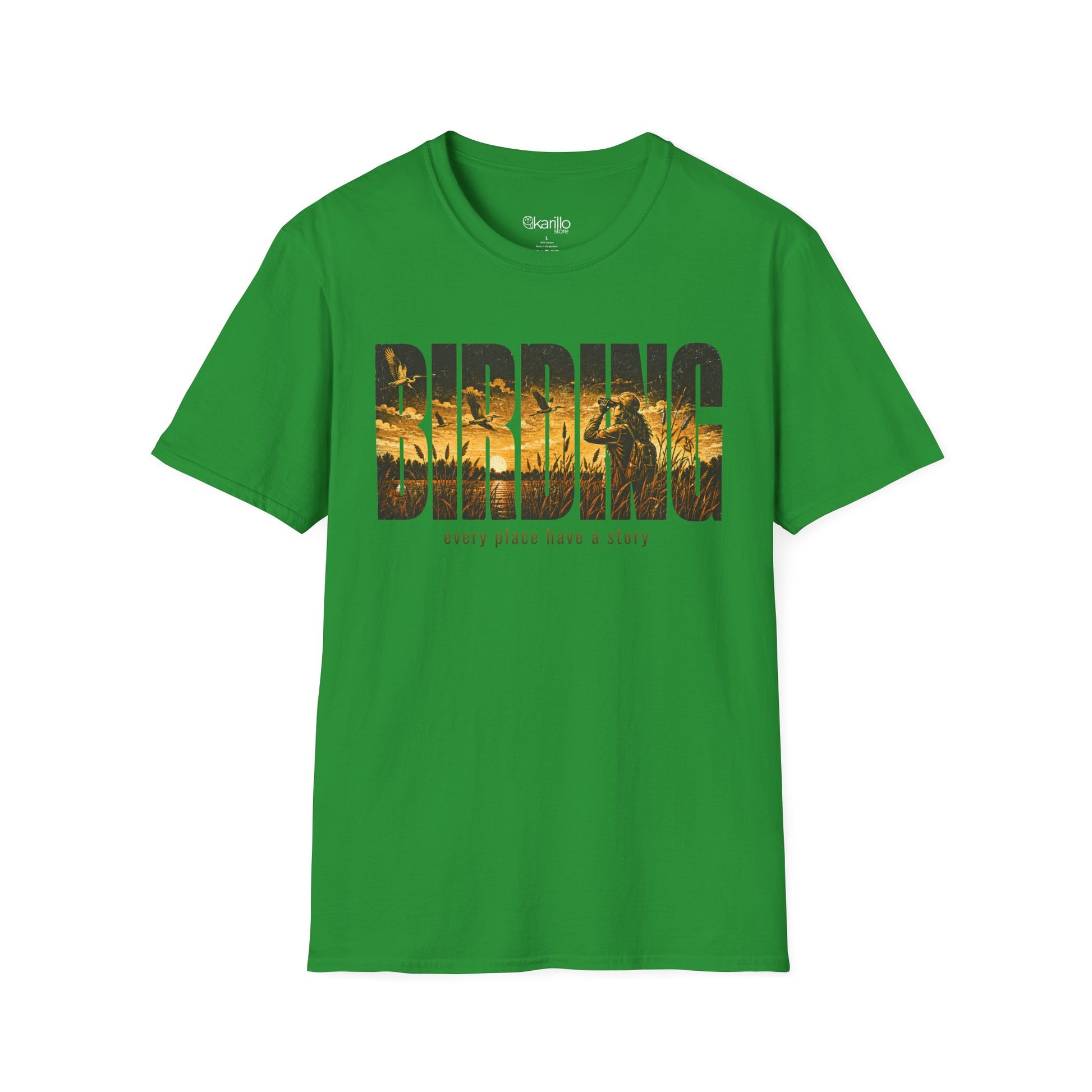 Green t-shirt with Birding text sunset scenic with white background