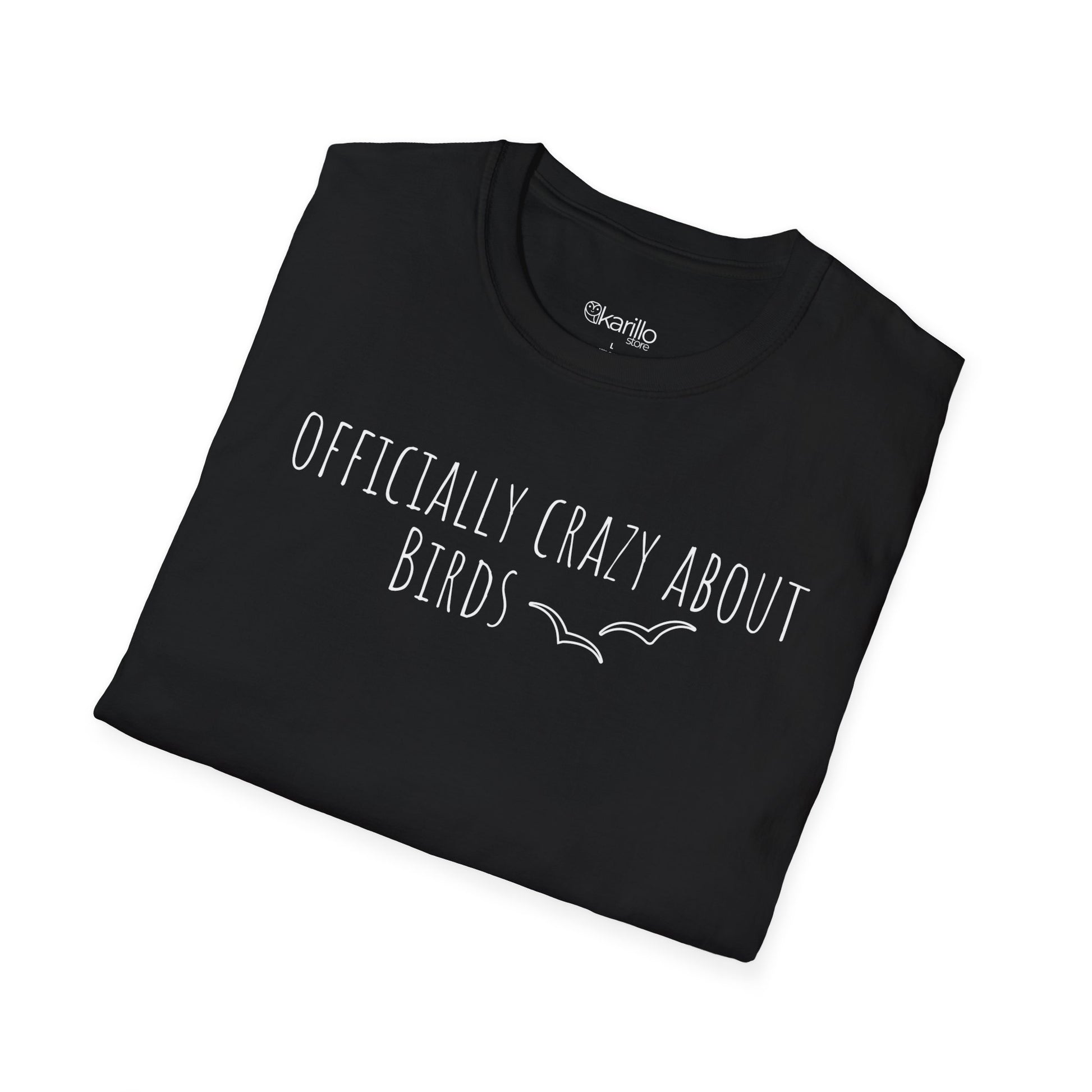 folded view Black t-shirt with 'Officially Crazy About Birds' text on a white background