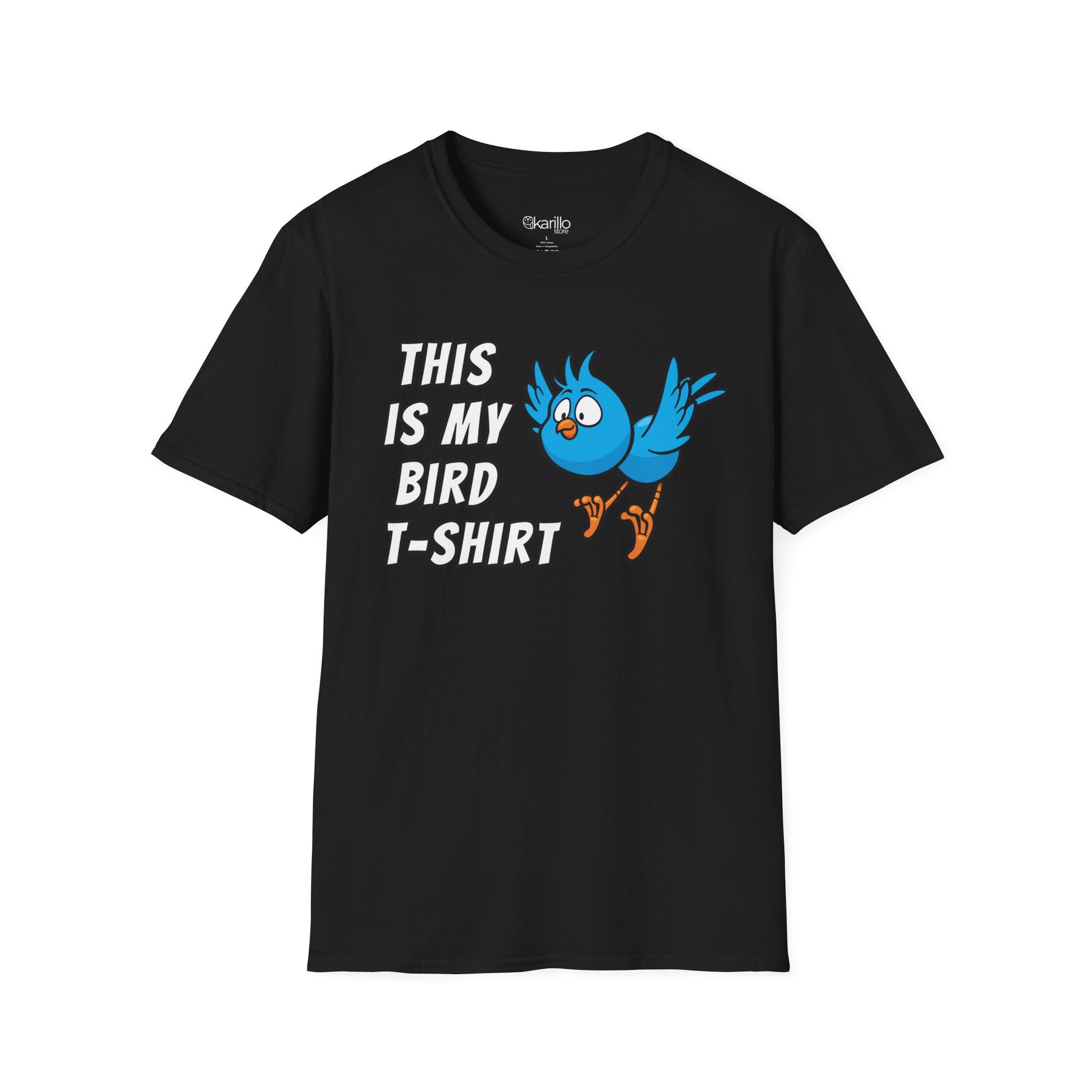 Black t-shirt with text "this is my bird t-shirt" with blue graphic bird on whithe background.