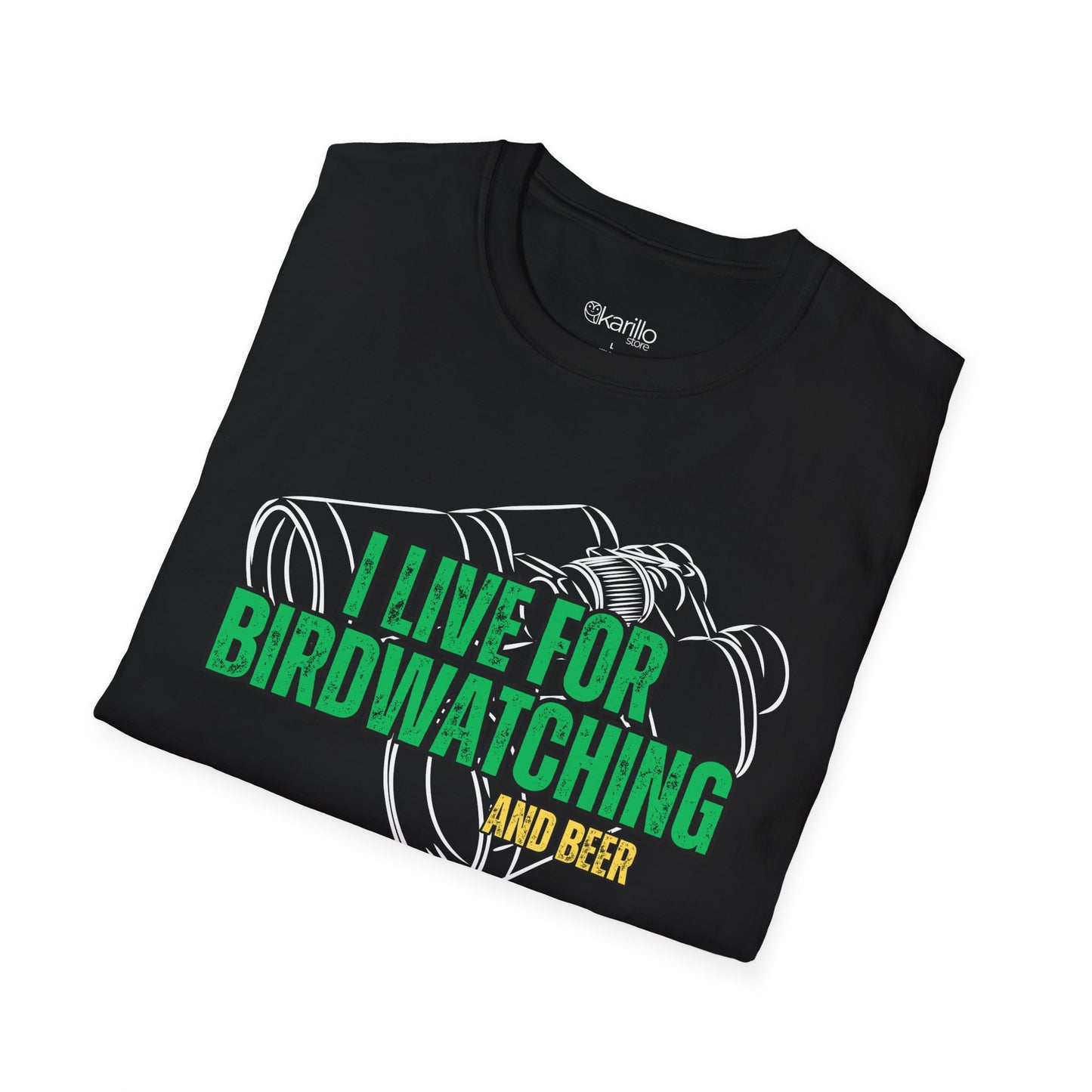 folded Black t-shirt with birdwatching and beer graphic and text on a white background