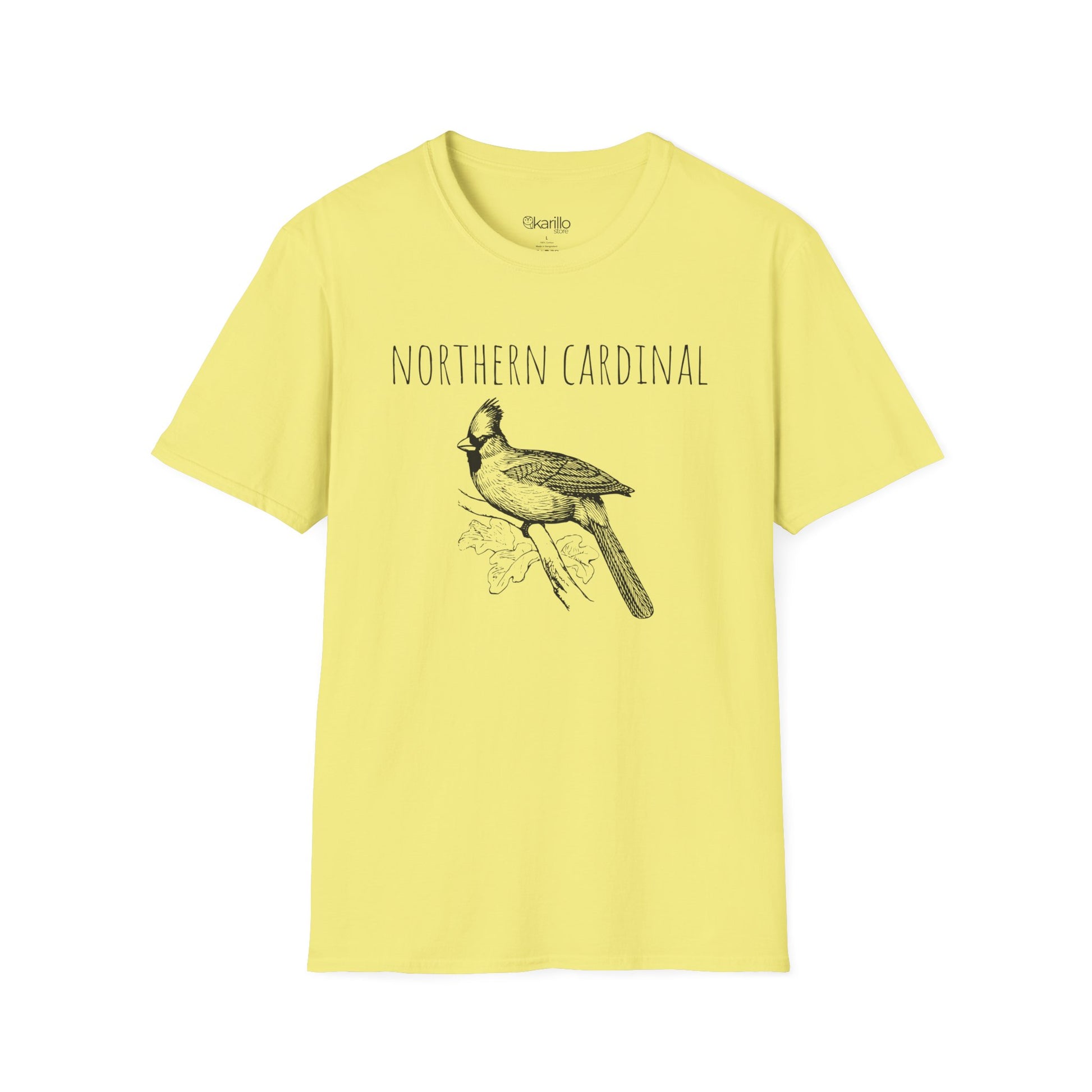 Cornsilk color t-shirt with a Northern Cardinal graphic and text on a white background
