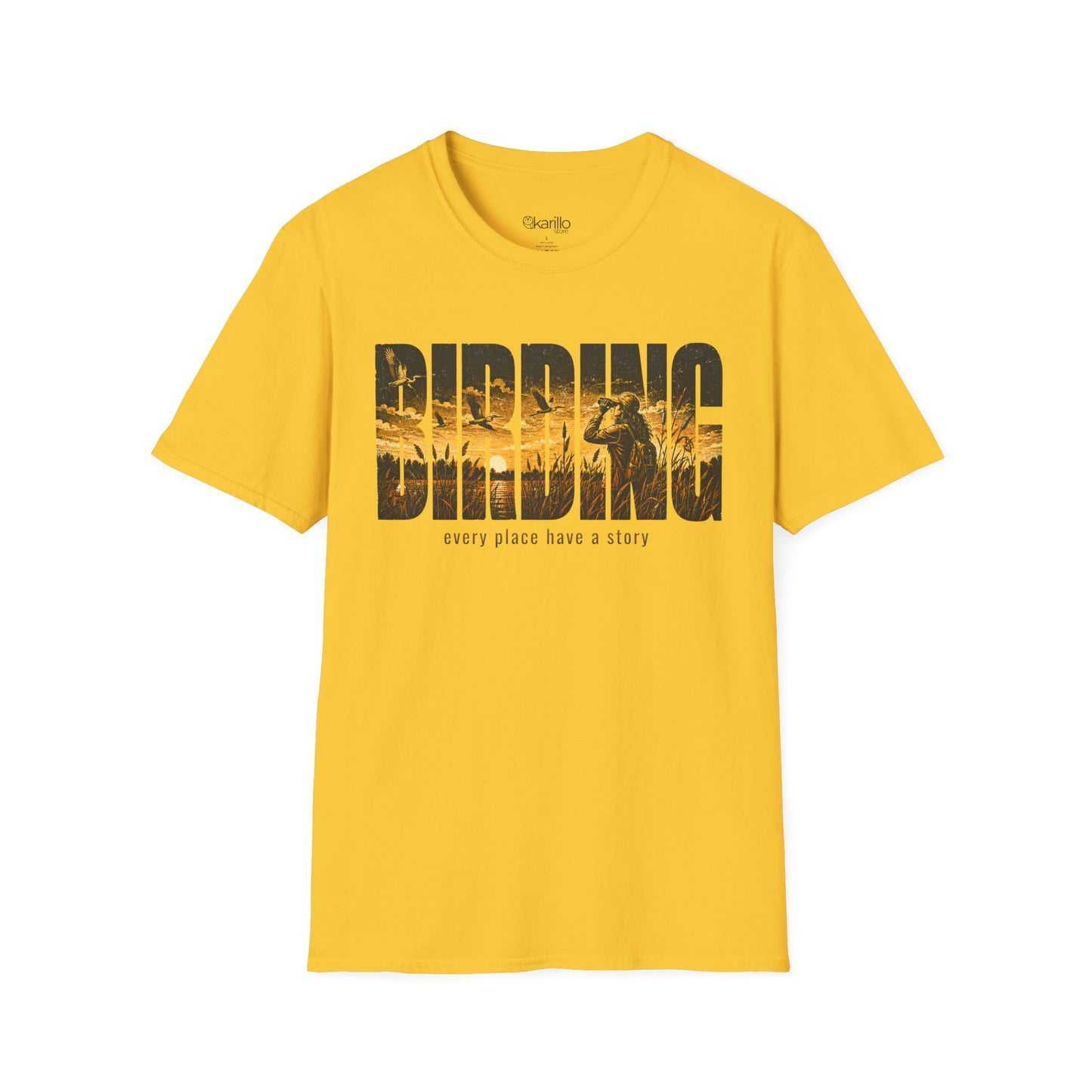 Yellow t-shirt with Birding text sunset scenic with white background