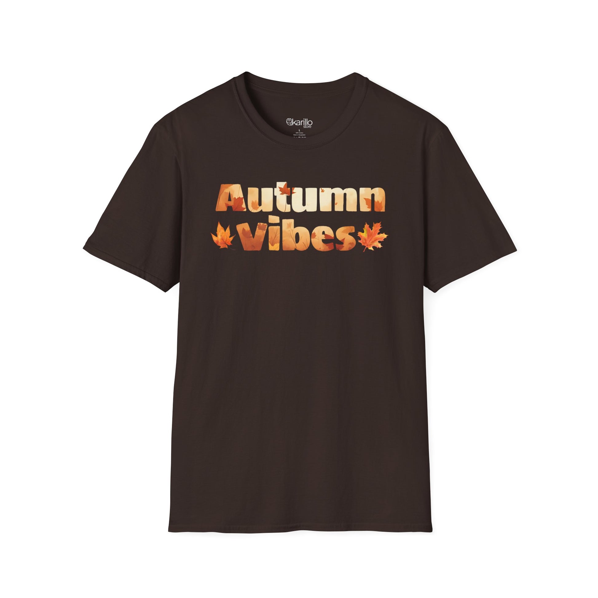 Brown t-shirt with 'Autumn Vibes' text and leaf graphics on a white background