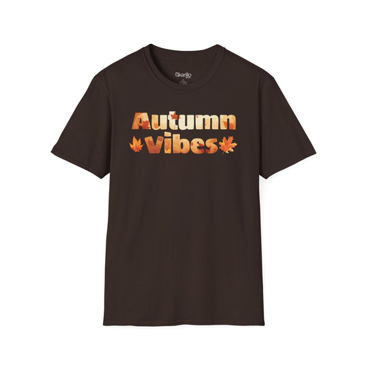 Brown t-shirt with 'Autumn Vibes' text and leaf graphics on a white background