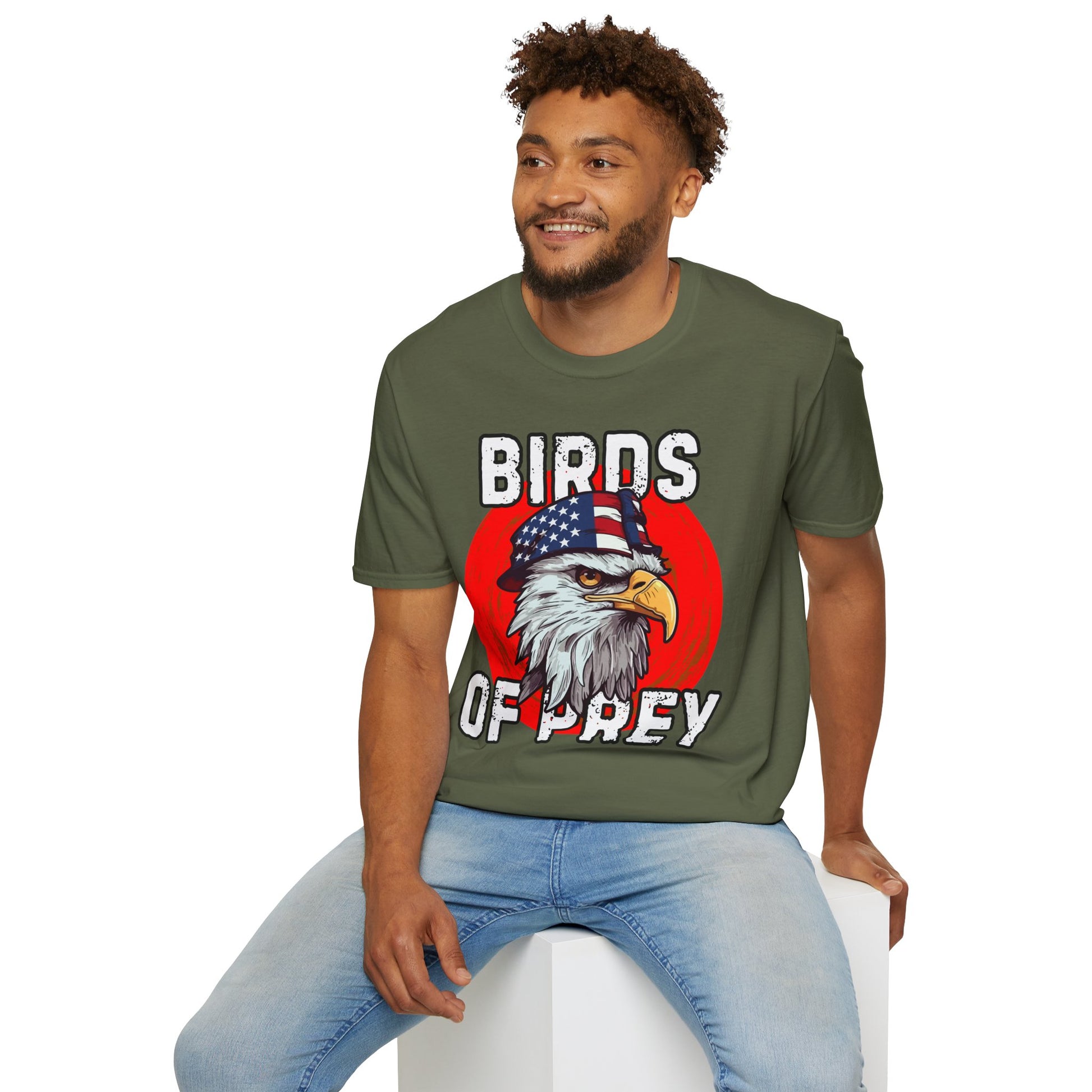 Men wearing military green t-shirt with an eagle graphic and 'Birds of Prey' text on a white background