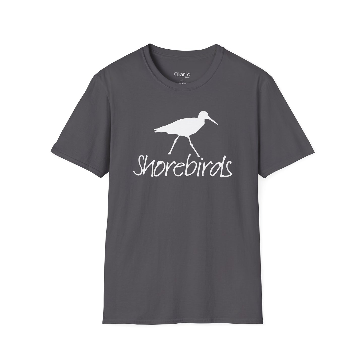 Front view of a unisex "Shorebirds" graphic gray T-shirt featuring an elegant all-white shorebird illustration