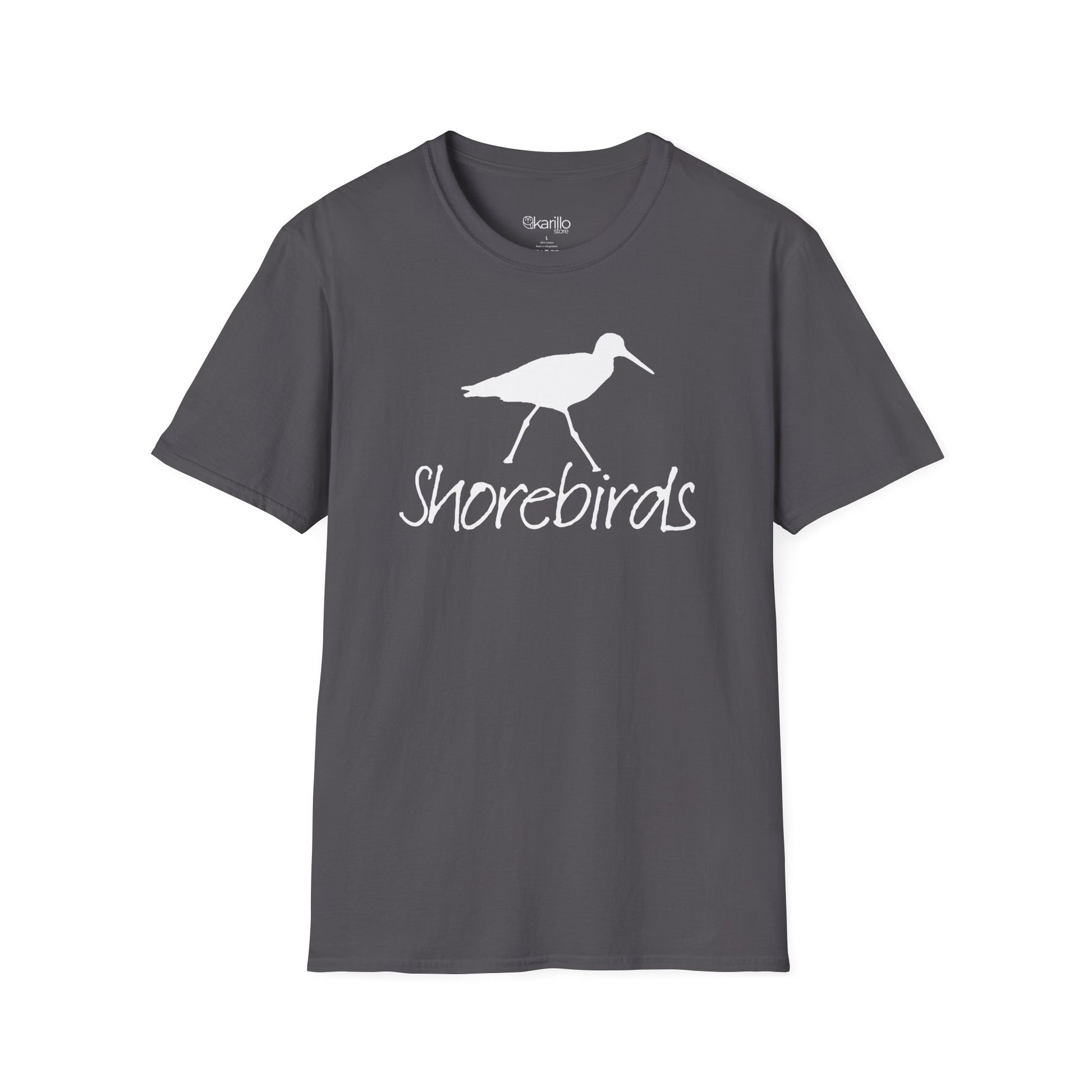 Front view of a unisex "Shorebirds" graphic gray T-shirt featuring an elegant all-white shorebird illustration