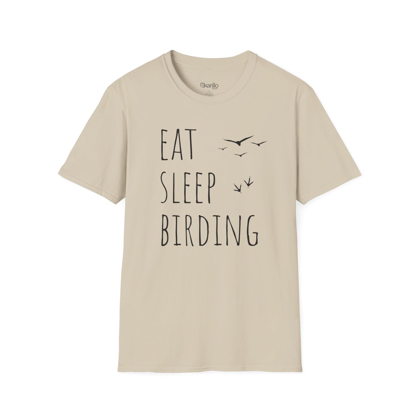 sand color t-shirt with 'Eat Sleep Birding' text on a white background