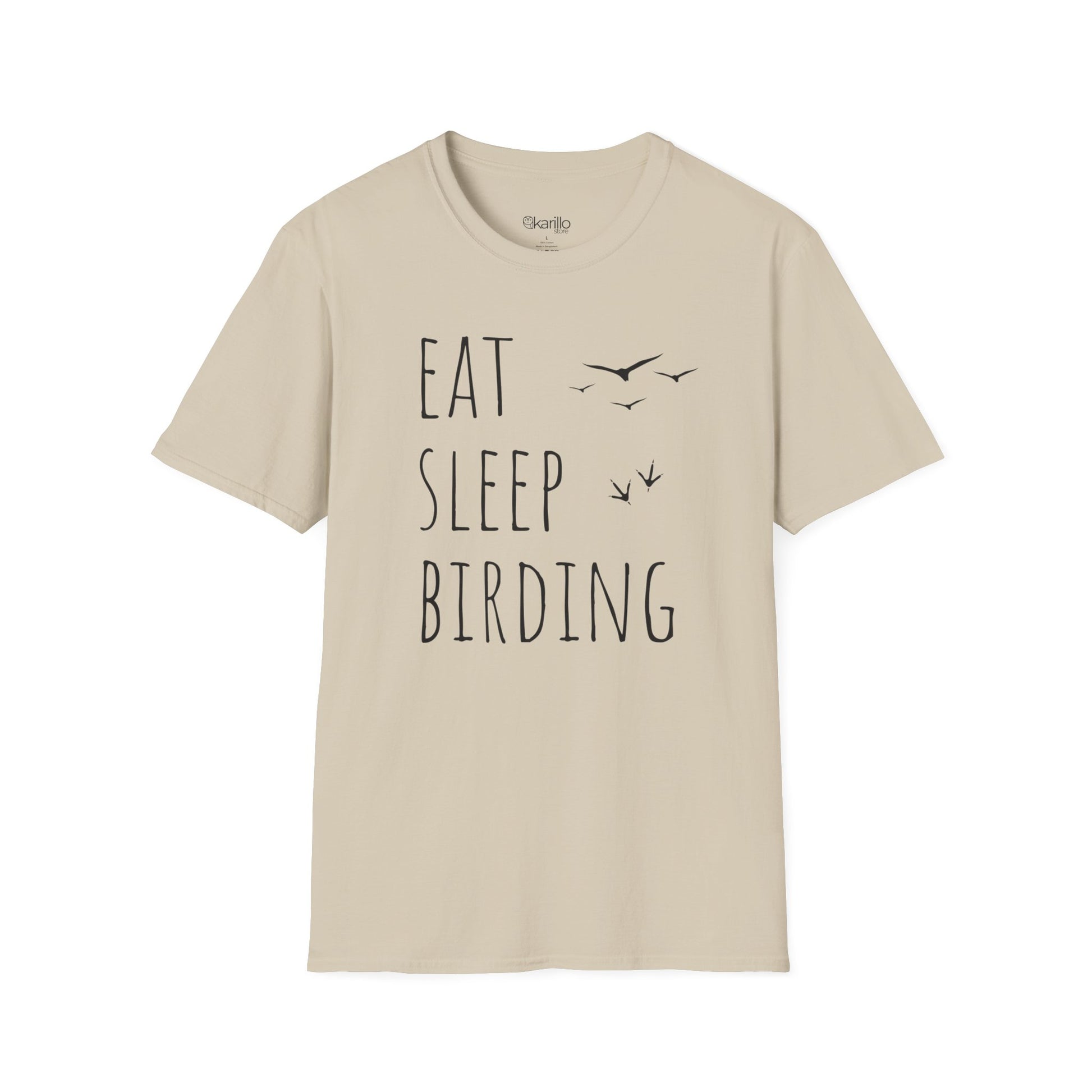 sand color t-shirt with 'Eat Sleep Birding' text on a white background