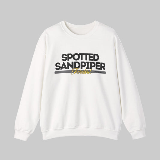 White sweatshirt with 'Spotted Sandpiper' text on a gray background