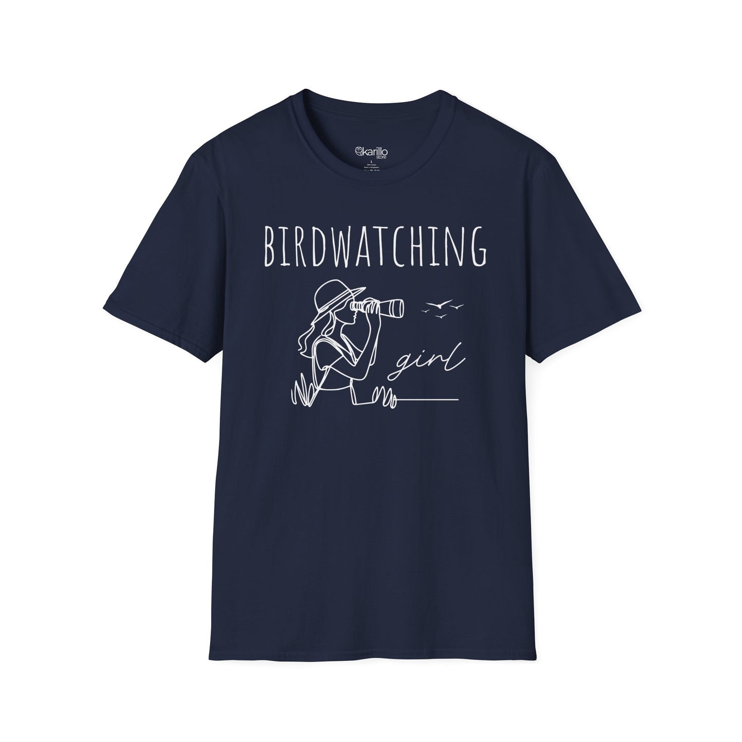 Front view of a "Birdwatching Girl" navy blue T-shirt with an outlined graphic of a girl spotting a bird using binoculars