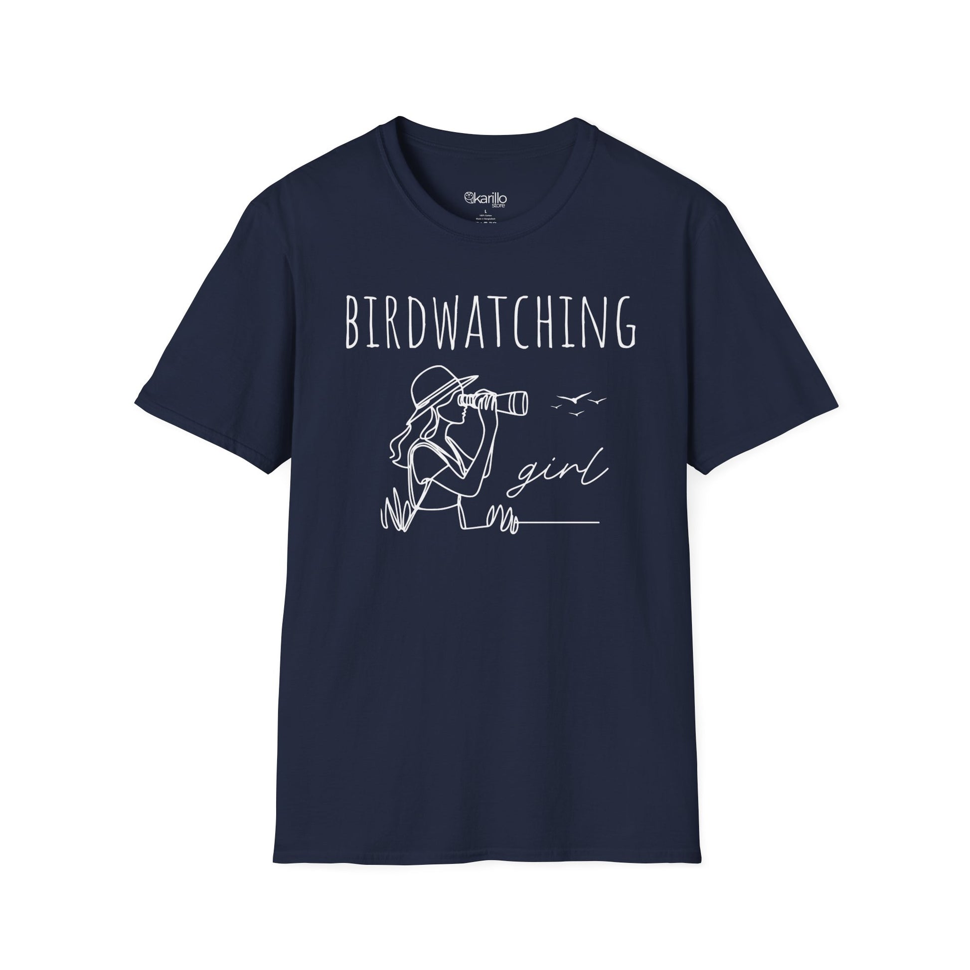 Front view of a "Birdwatching Girl" navy blue T-shirt with an outlined graphic of a girl spotting a bird using binoculars