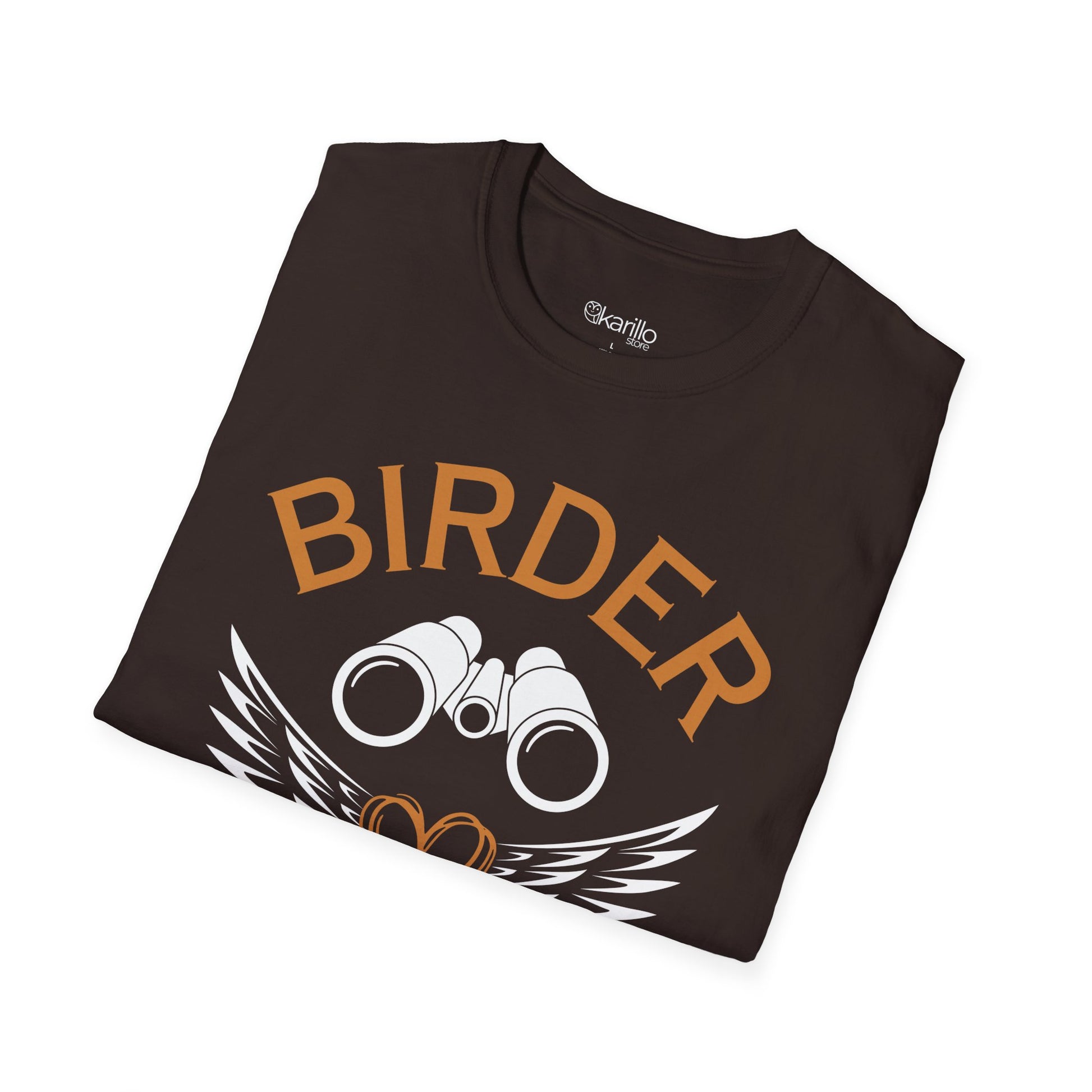 Folded view of Birder for Life T-shirt brown color, gift for bird lovers