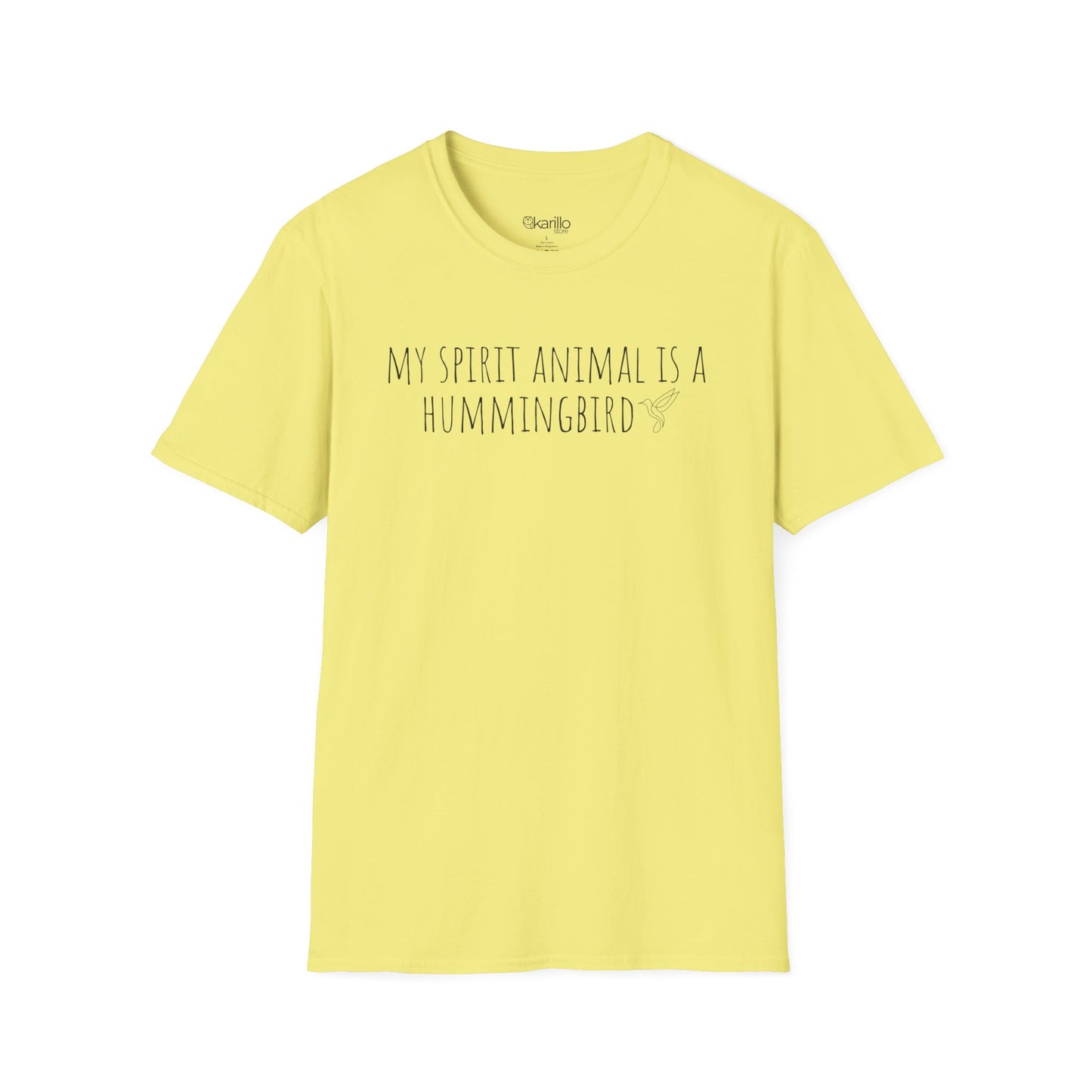 Front view of My Spirit Animal Is a Hummingbird graphic unisex t-shirt cornsilk color